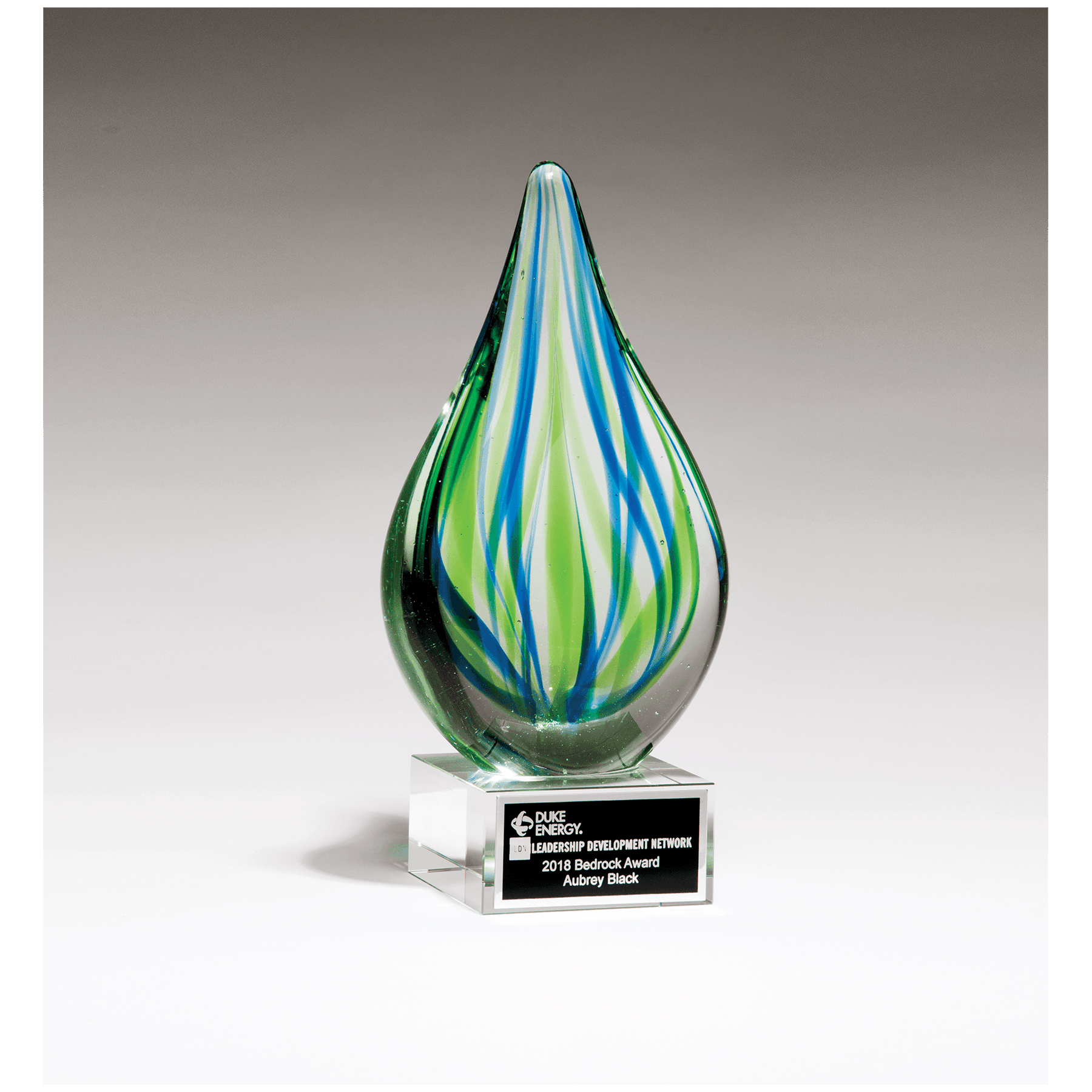 8" Blue and Green Teardrop Art Glass on Clear Glass Base