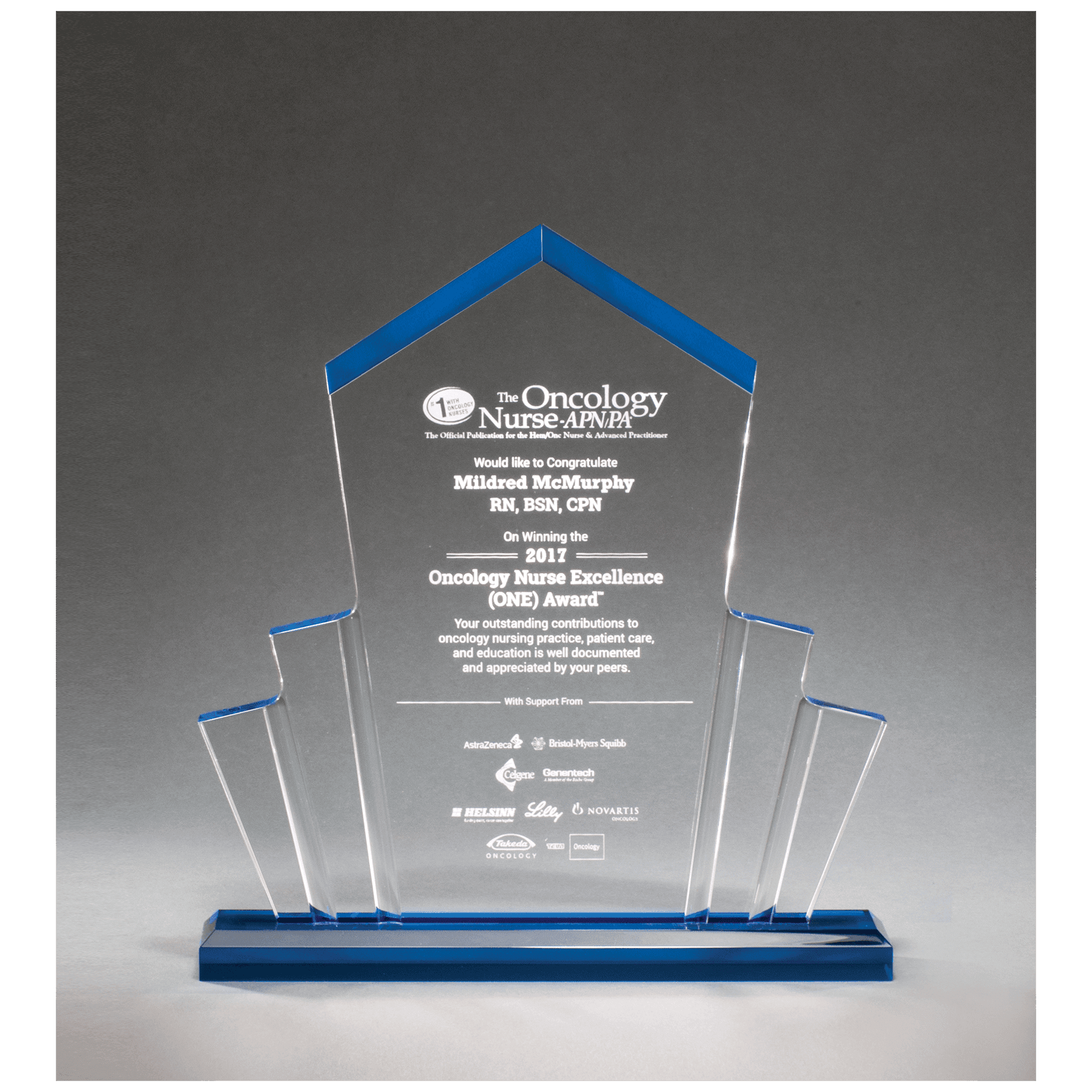 10.75" Large Tower Spotlight Acrylic with Blue Acrylic Base.