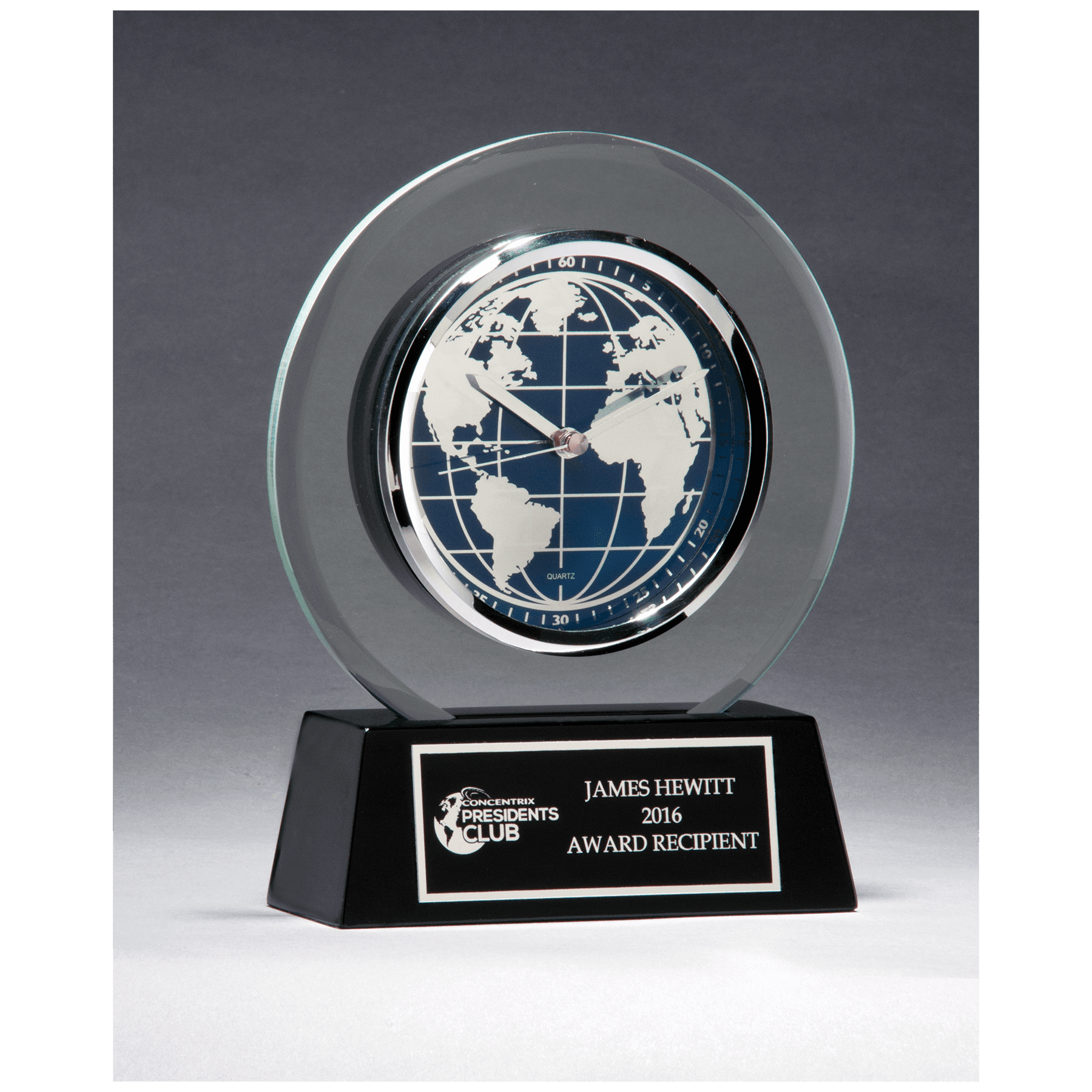 Glass Clock w/World Dial on Black High Gloss Base