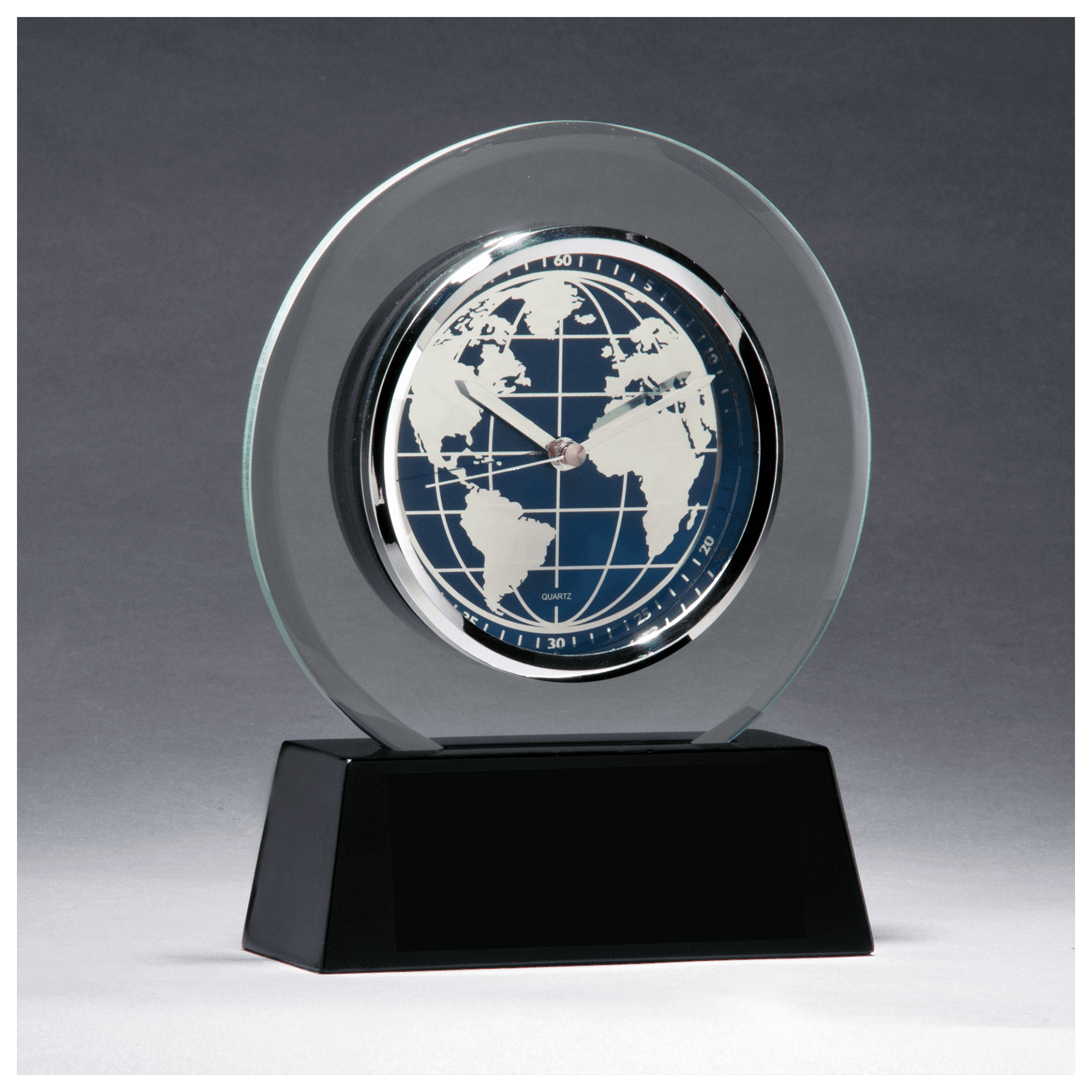 Glass Clock w/World Dial on High Gloss Base - CLK51