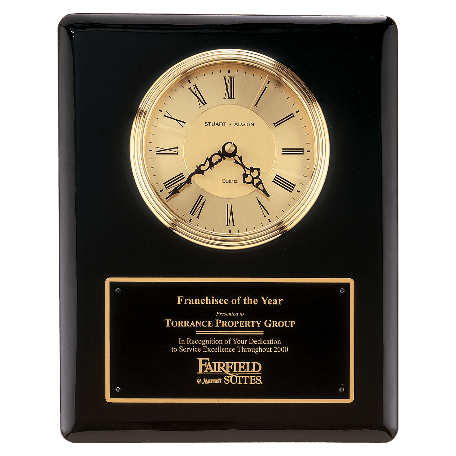 Black Piano Finish Clock, Waterfall Bezel & Gold Dial