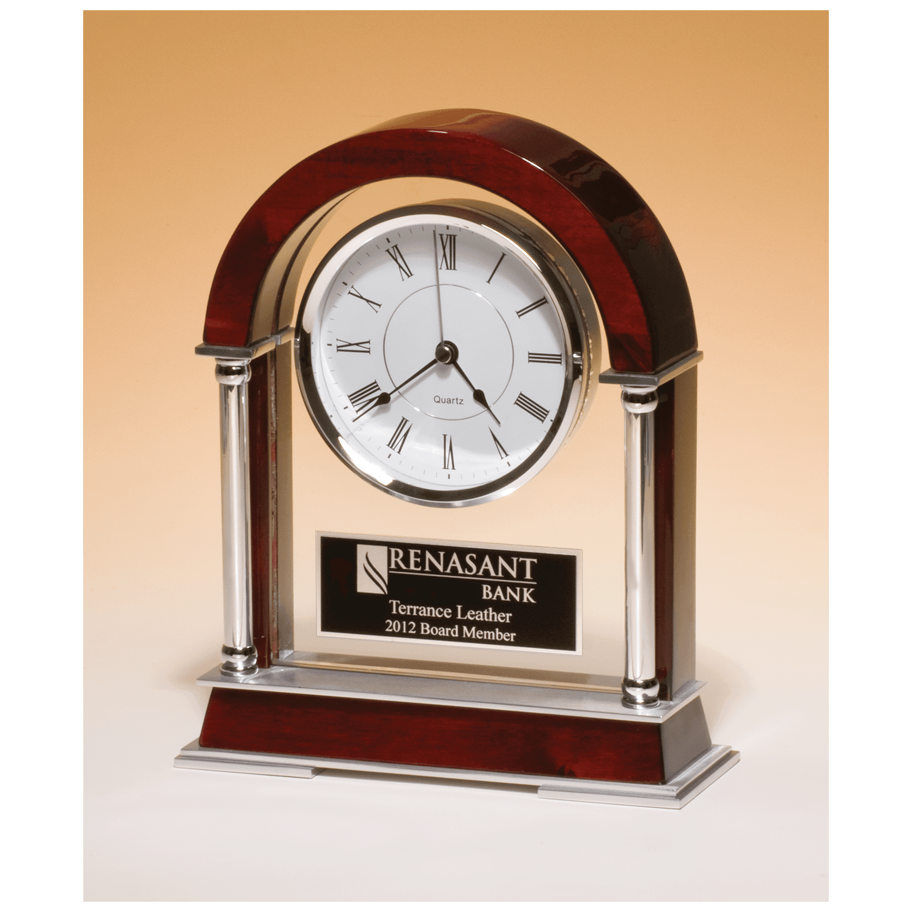 Rosewood Piano Finish Mantle Clock, Chrome Plated Posts