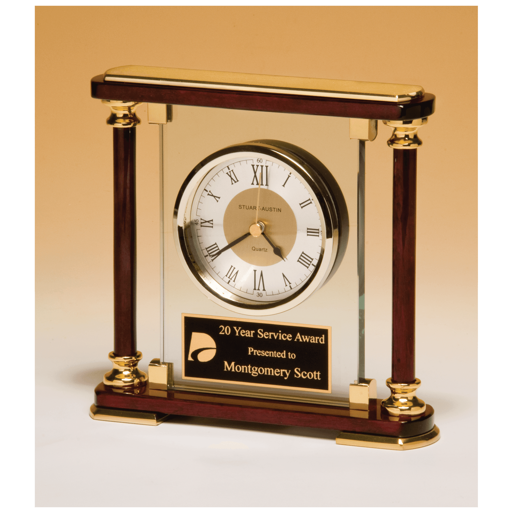 Glass and Rosewood Piano Finish Clock w/ Gold Metal Accents
