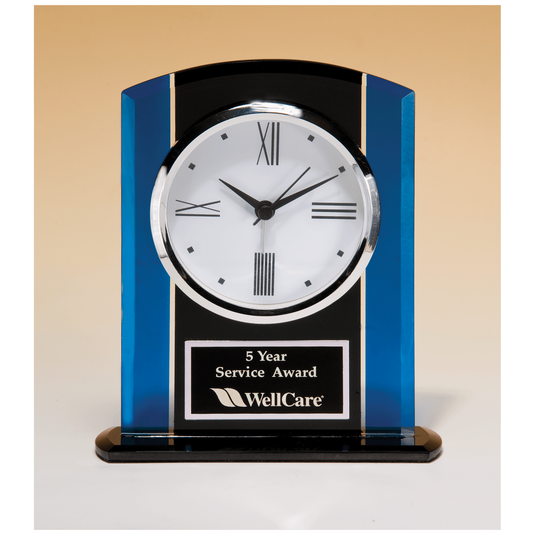 Black & Blue Glass Clock, Silver Bezel, Three Hand Movement