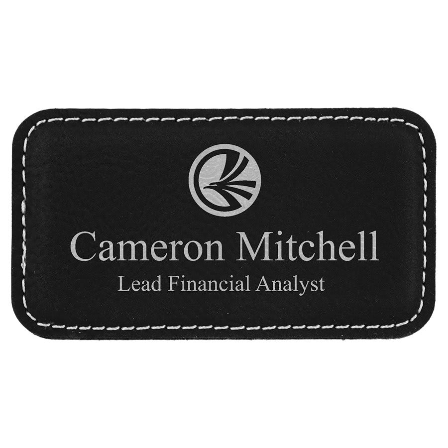 3.25" x 1.75" Black/Silver Leatherette Badge Blank w/Magnet