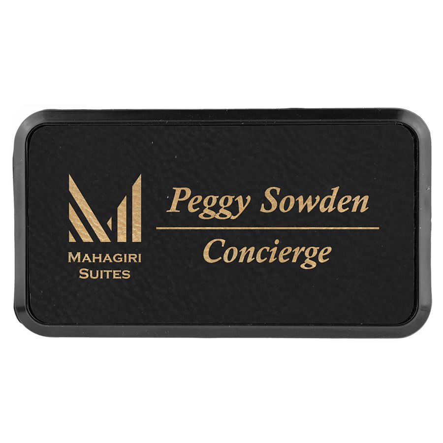 3" x 1.5" Black/Gold Leatherette Round Corner Badge & Frame