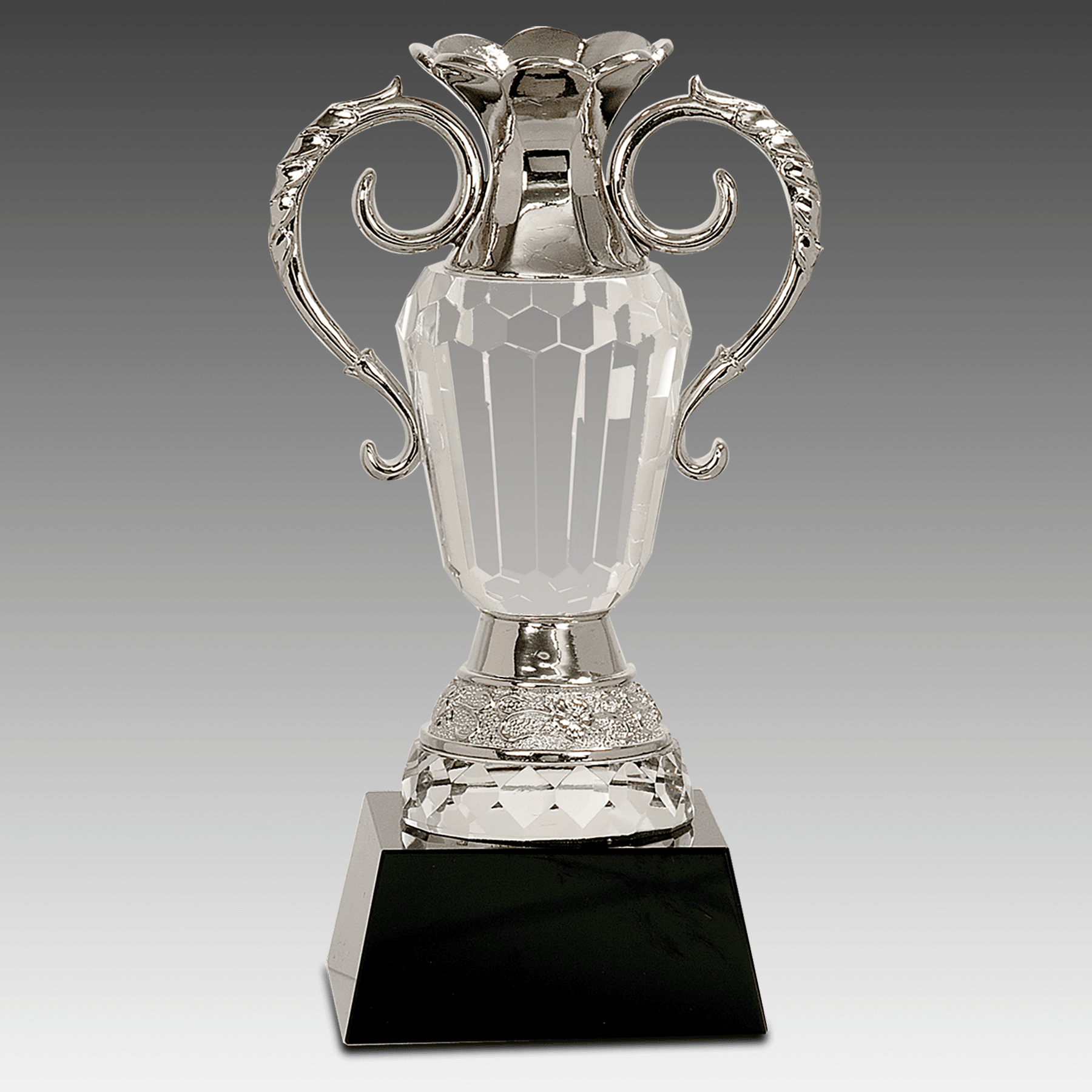 8" Crystal Cup w/Silver Metal Handles on Black Pedestal Base