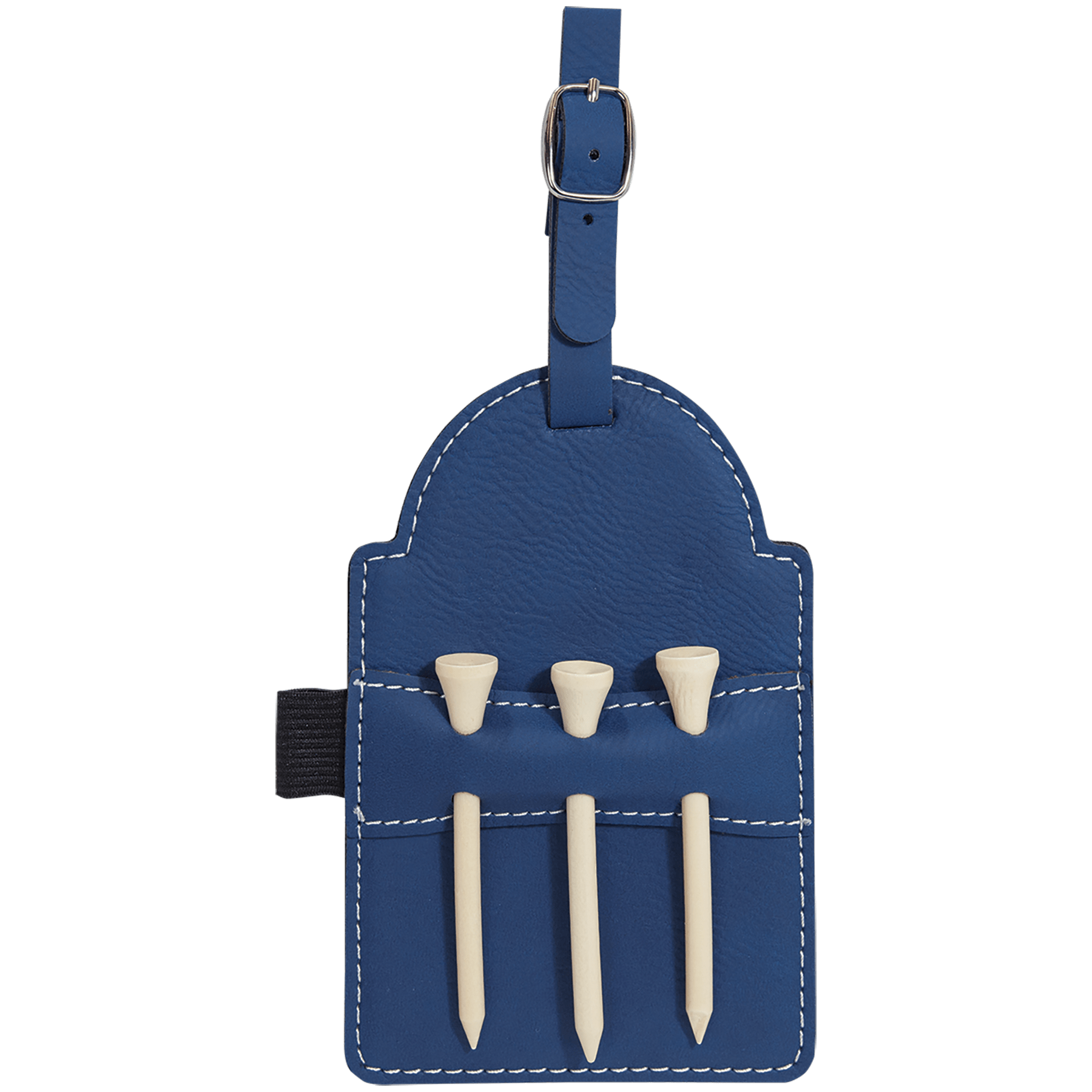 Blue/Silver Leatherette Golf Bag Tag with 3 Wooden Tees