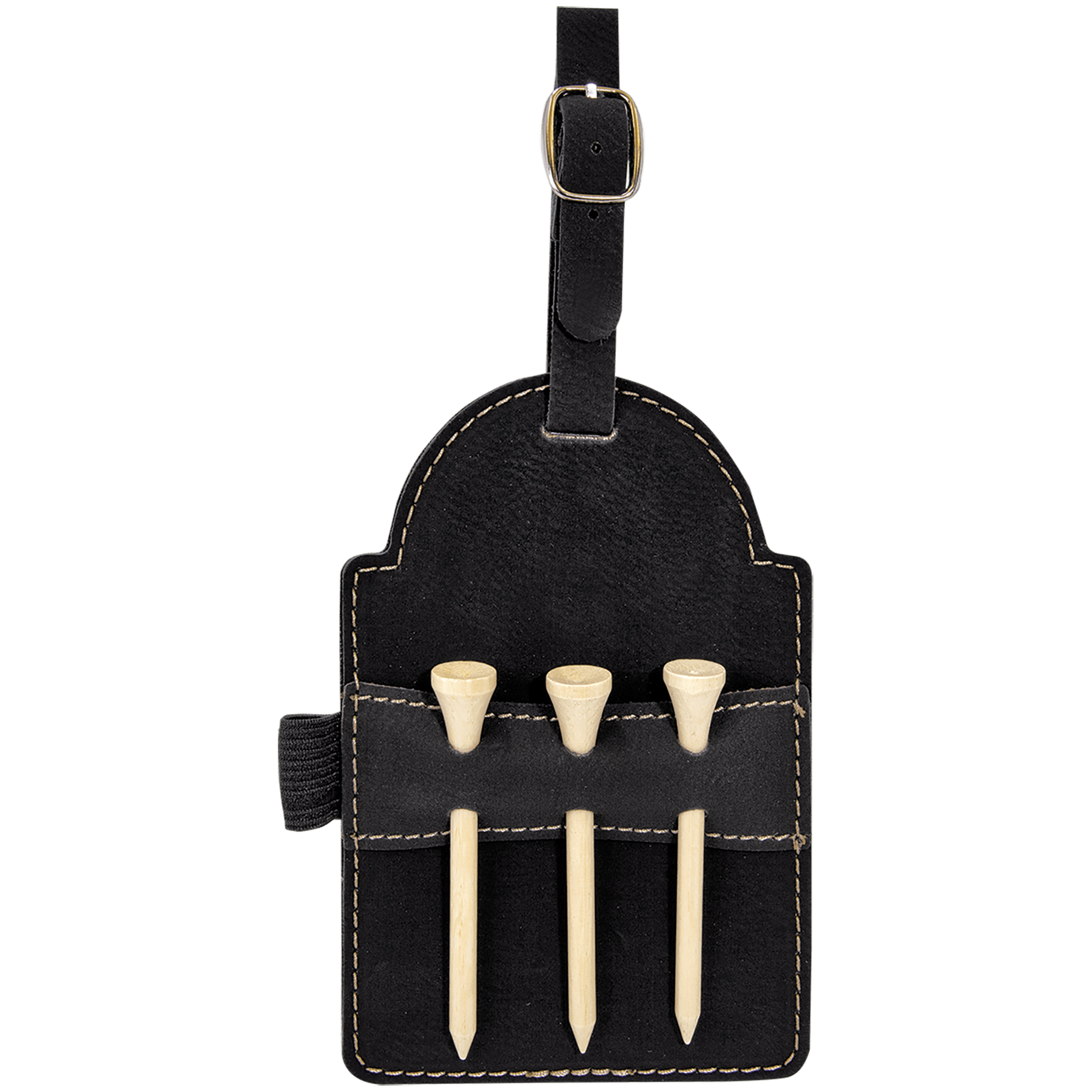 Black/Gold Leatherette Golf Bag Tag with 3 Wooden Tees