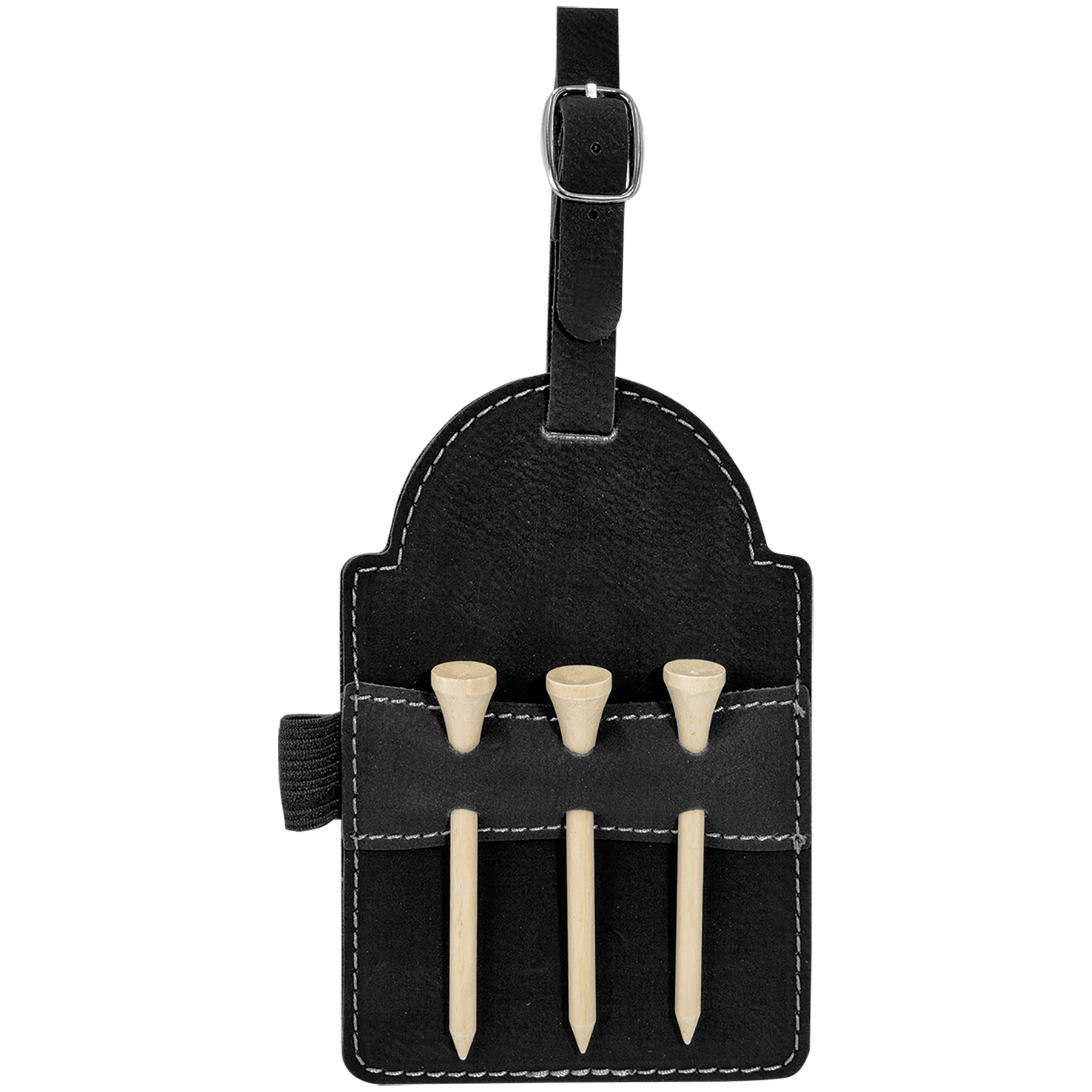 Black/Silver Leatherette Golf Bag Tag with 3 Wooden Tees