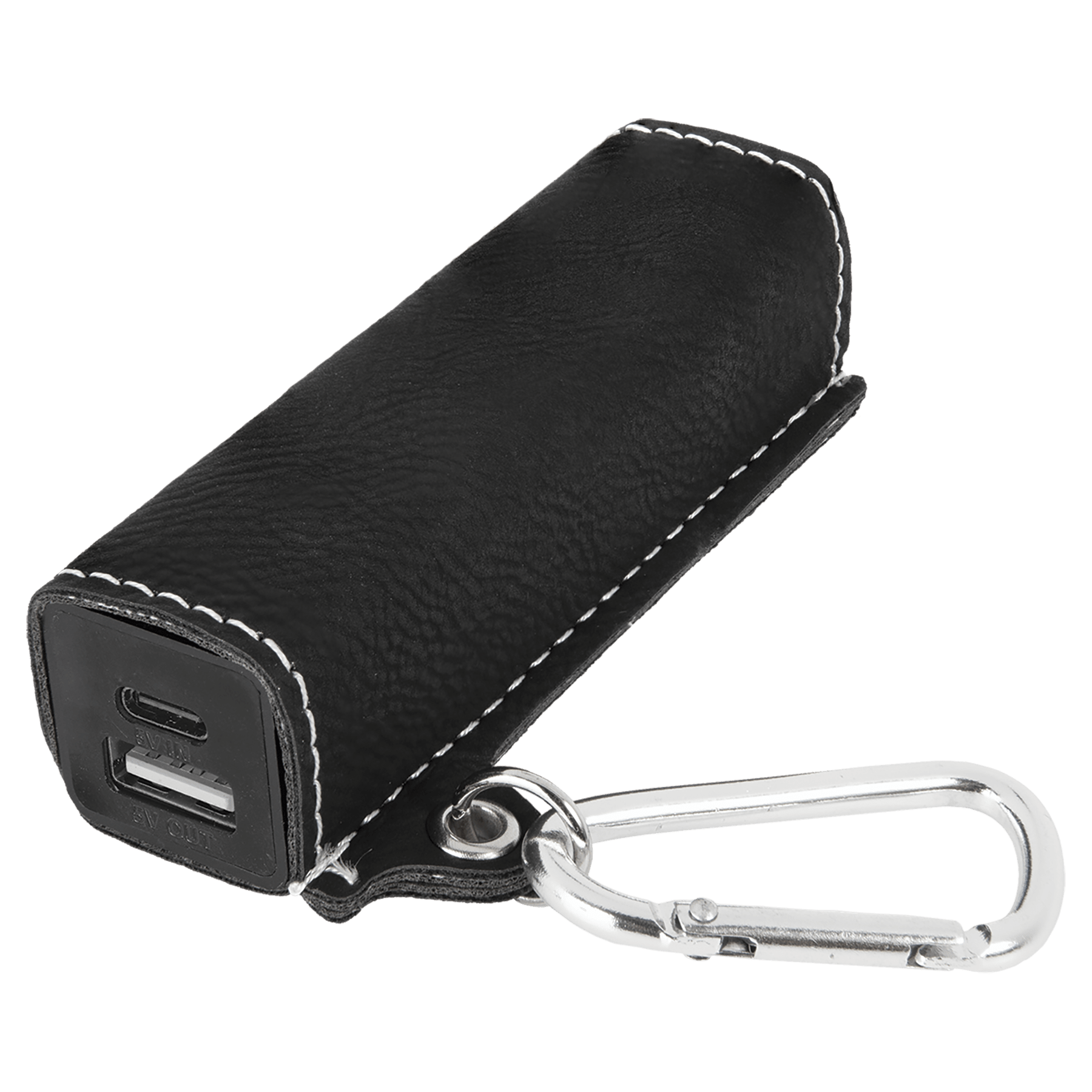Black/Silver Leatherette 2200 mAh Power Bank with USB-C Cord