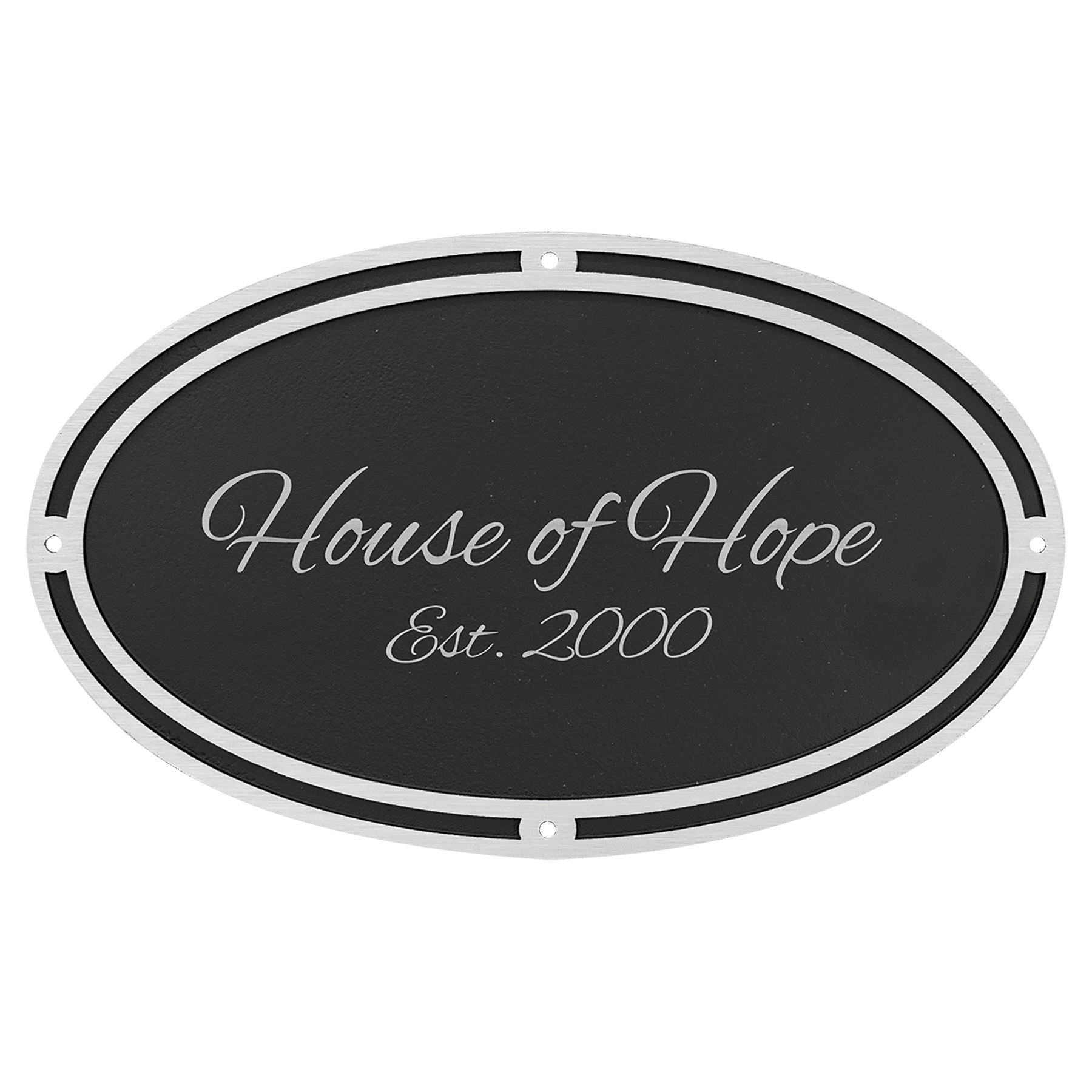 Silver/Black Oval Cast Aluminum Sign with 4 Mounting Screws