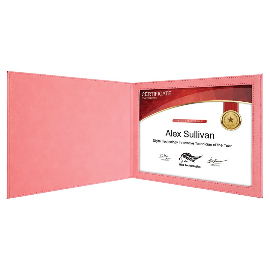 9" x 12" Pink Leatherette Certificate Holder for 8.5" x 11"
