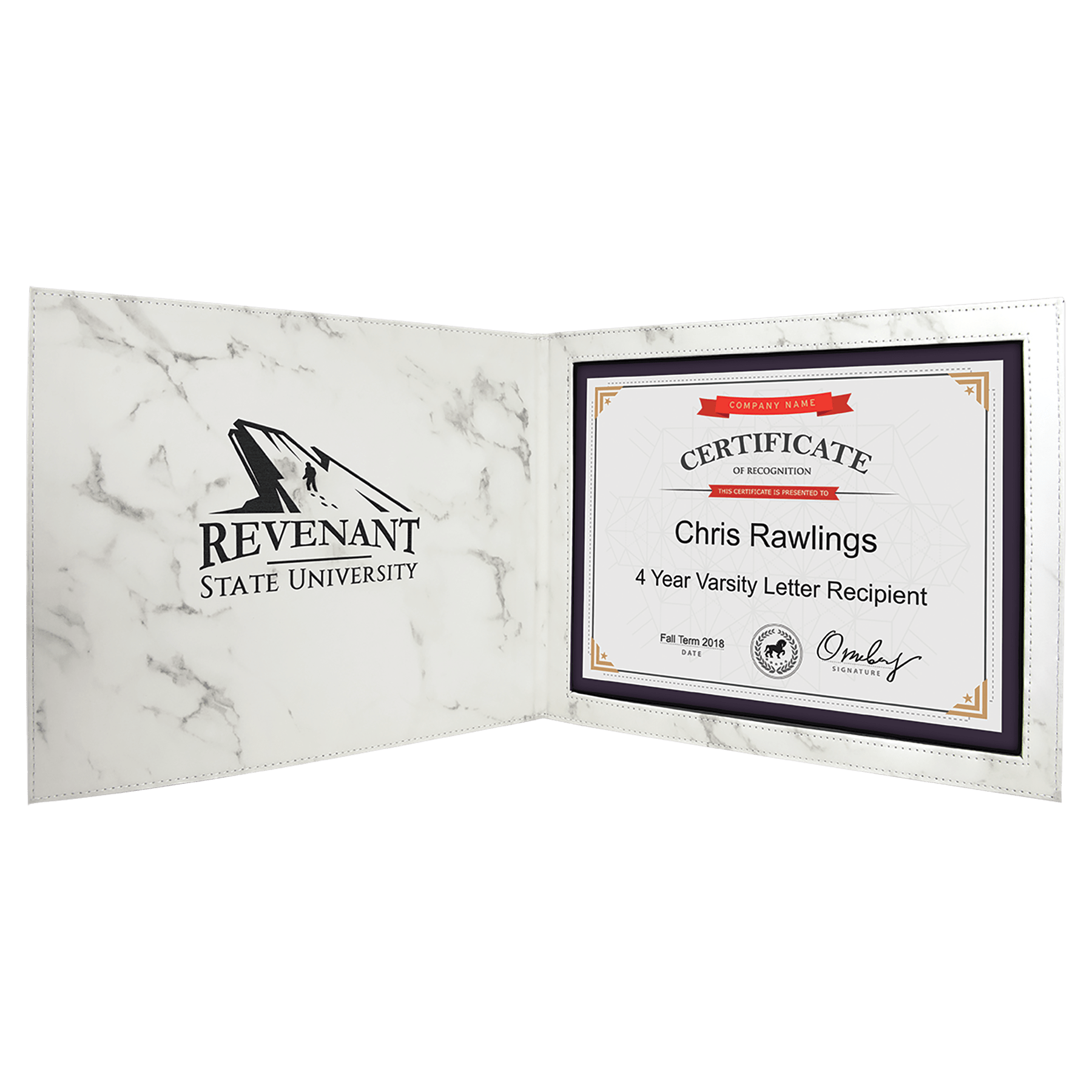 9" x 12" White Marble Leatherette Certificate Holder