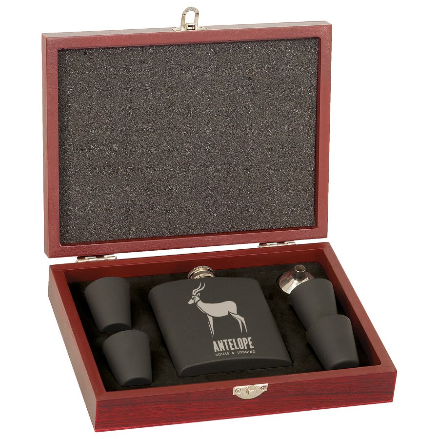 6 oz. Black Laserable Stainless Steel Flask Set in Wood Box