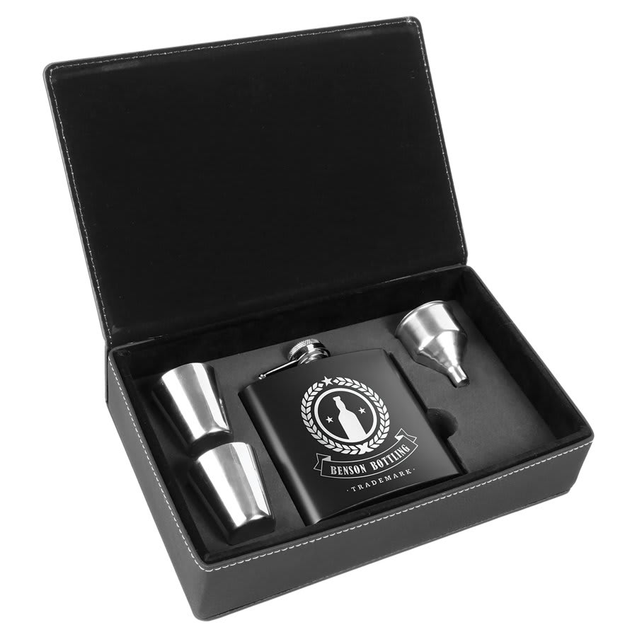 6 oz. Black Steel Flask Set in Black/Silver Leatherette Box