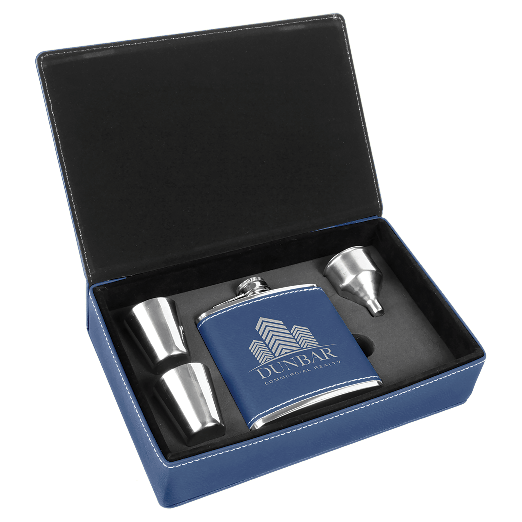 6 oz. Blue/Silver Leatherette Flask Gift Set