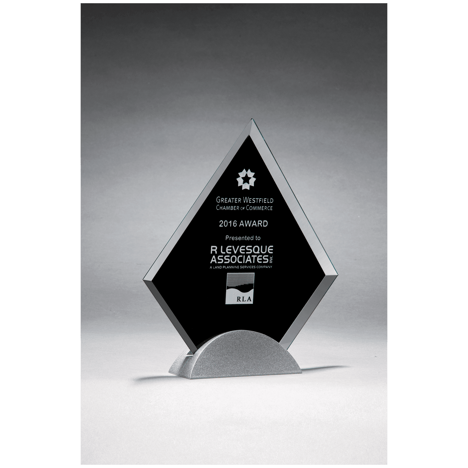 Diamond Glass Award, Black Silkscreen on Silver Metal Base