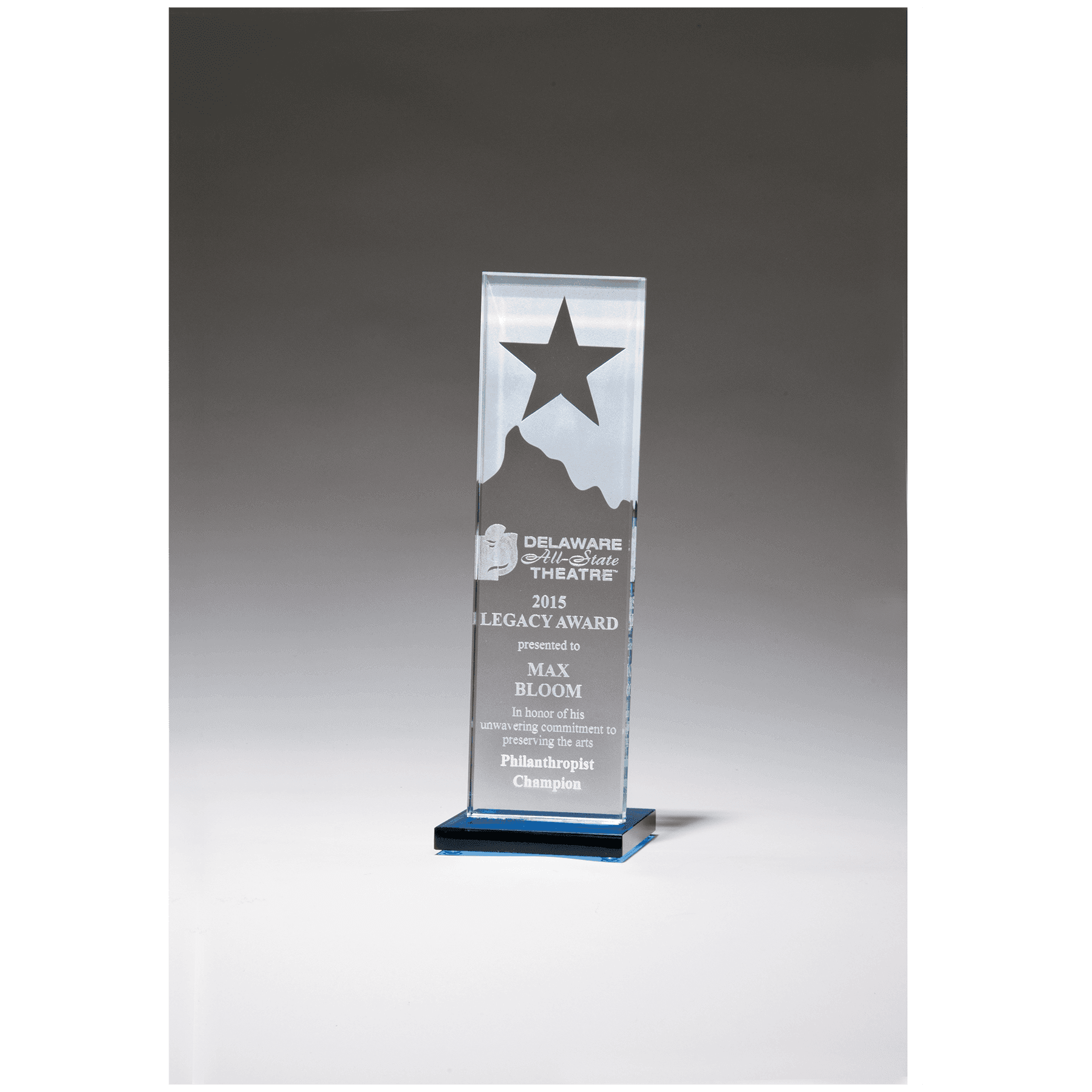 Clear Glass Award w/Star and Mountain Peak on Blue Base