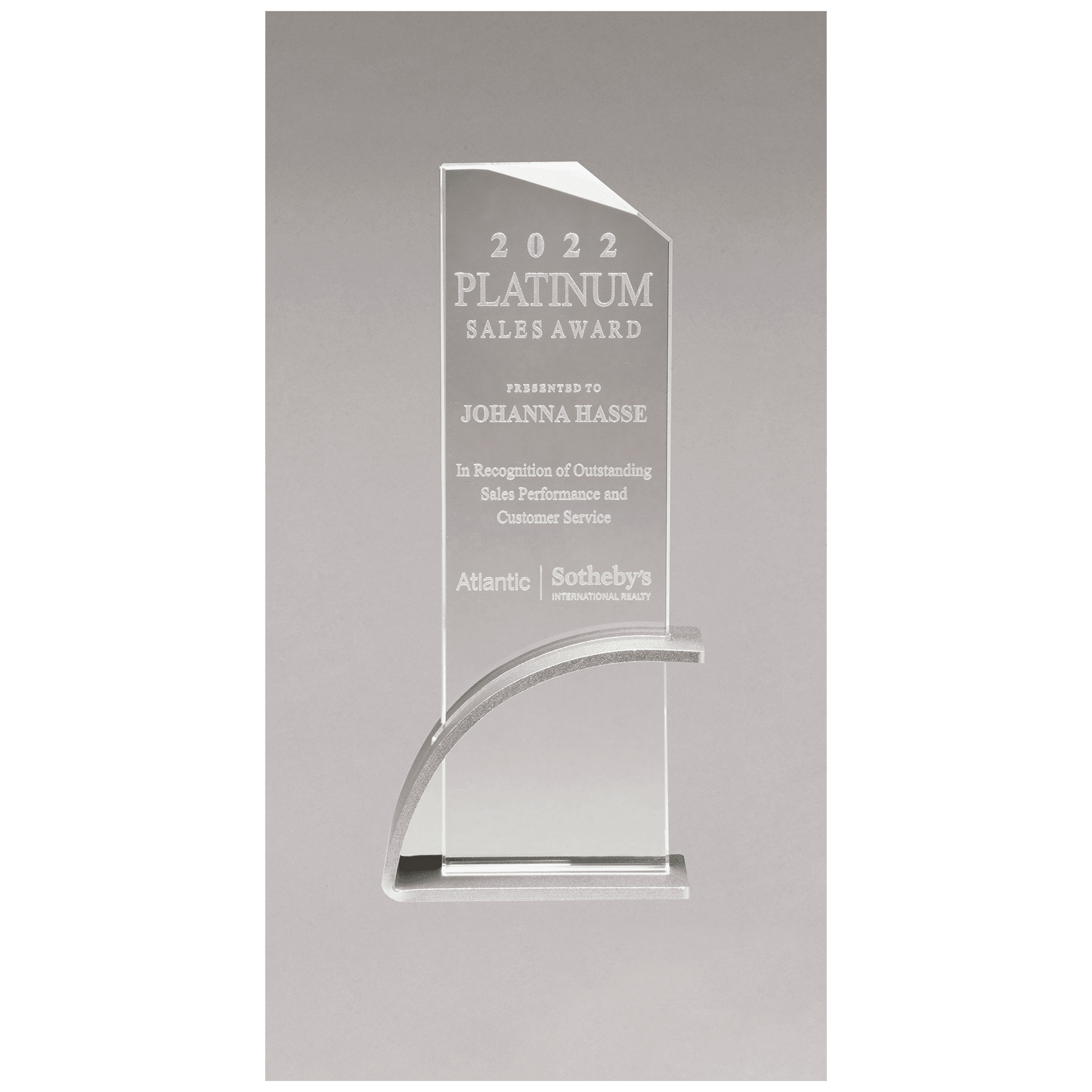 3.9" x 10.1" x.5" Thick Silver Clear Glass Award