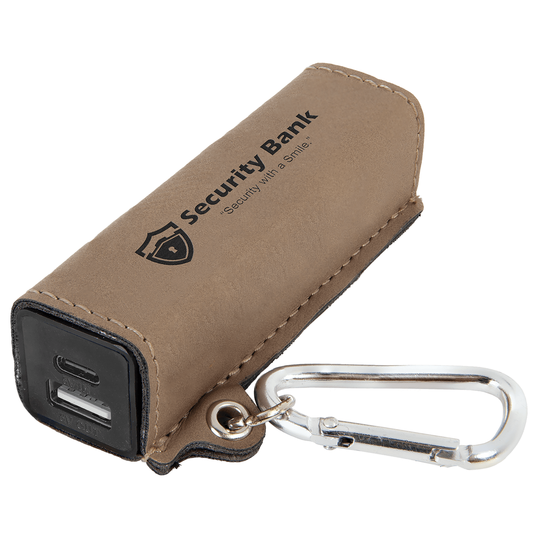 Light Brown Leatherette 2200 mAh Power Bank with USB-C Cord