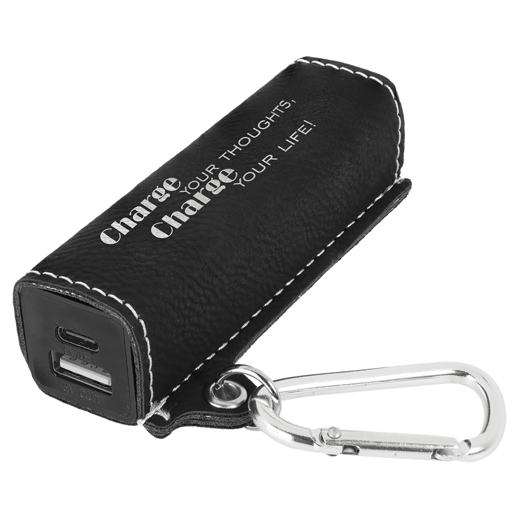 Black/Silver Leatherette 2200 mAh Power Bank with USB-C Cord
