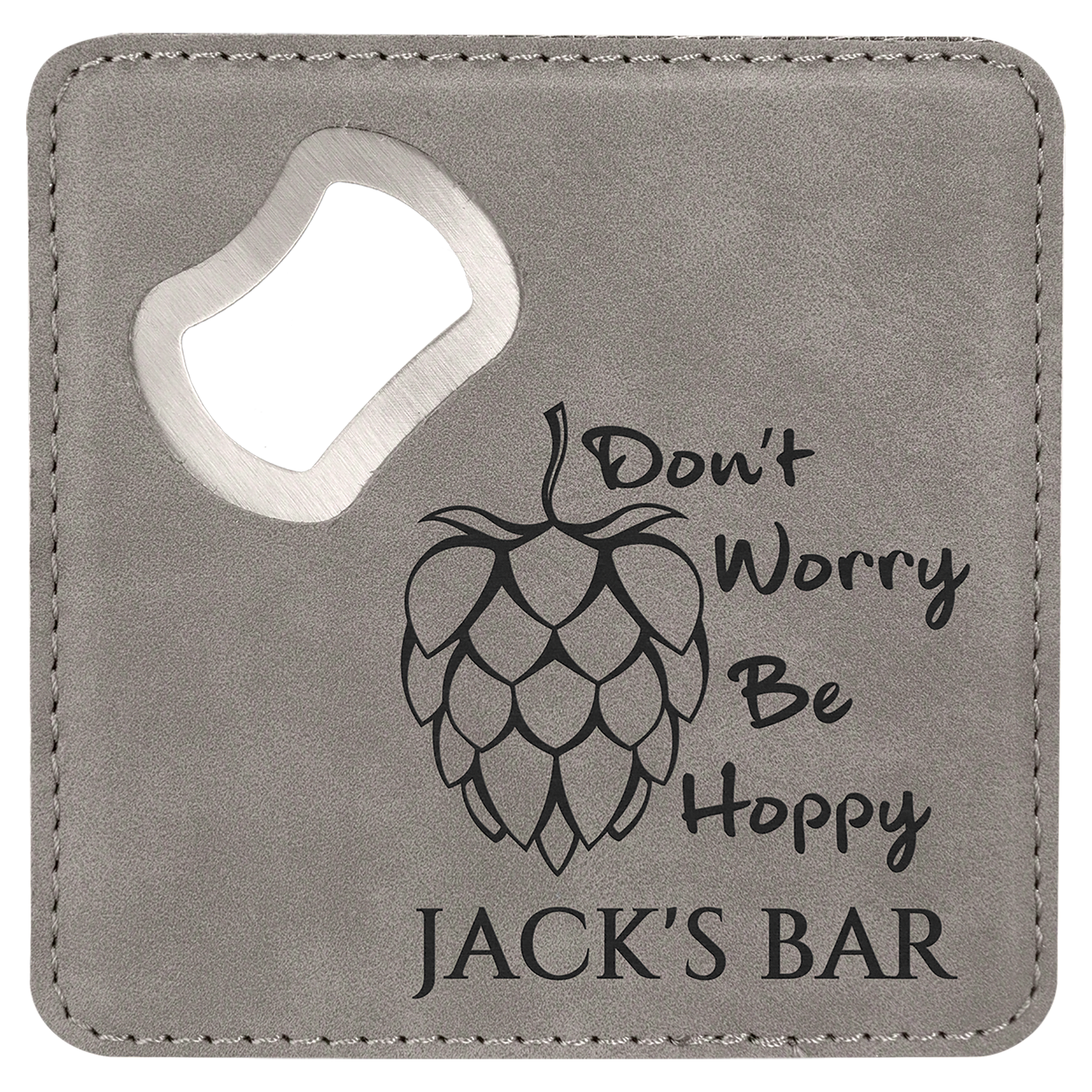 4" x 4" Square Gray Leatherette Bottle Opener Coaster