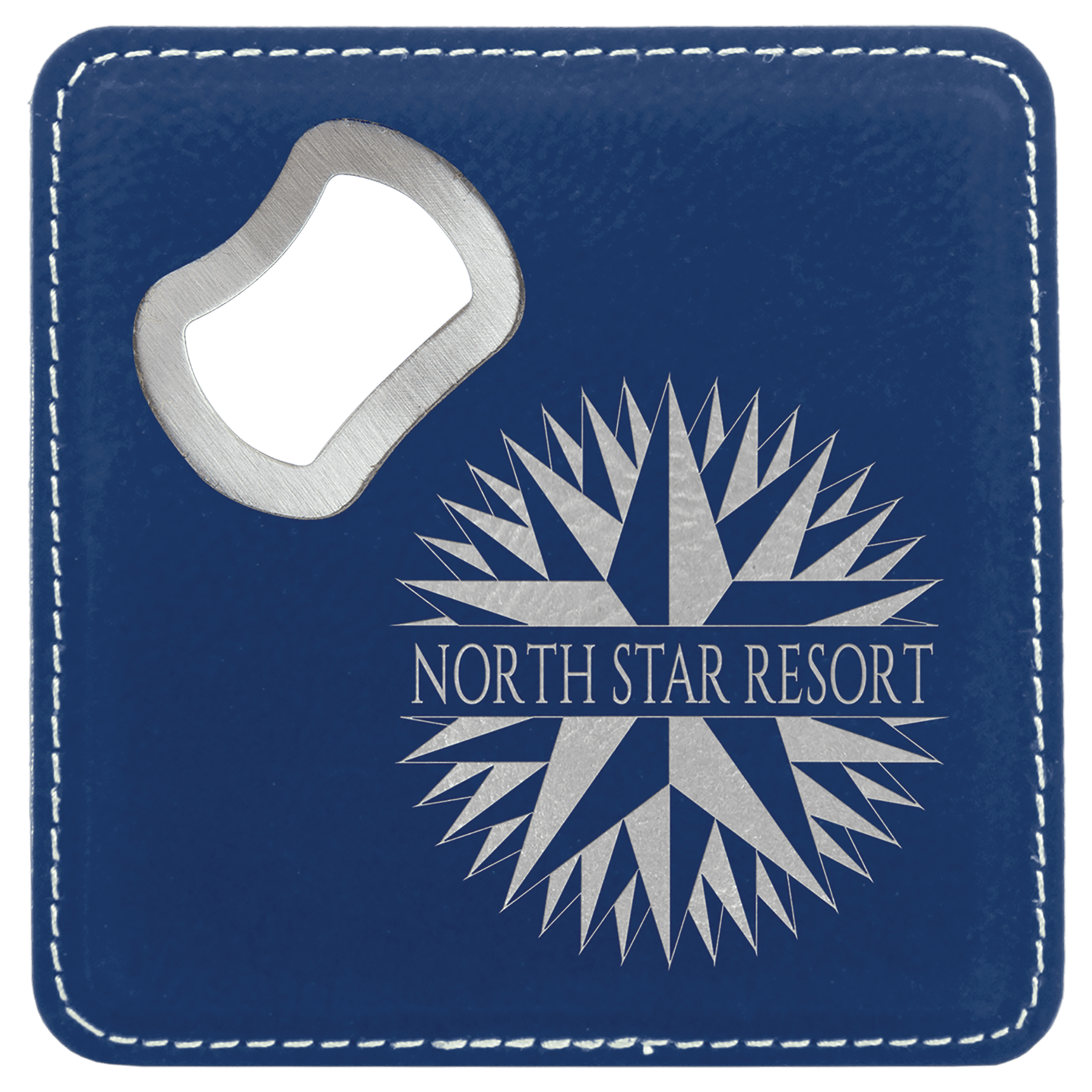 4" x 4" Square Blue Leatherette Coaster w/Bottle Opener