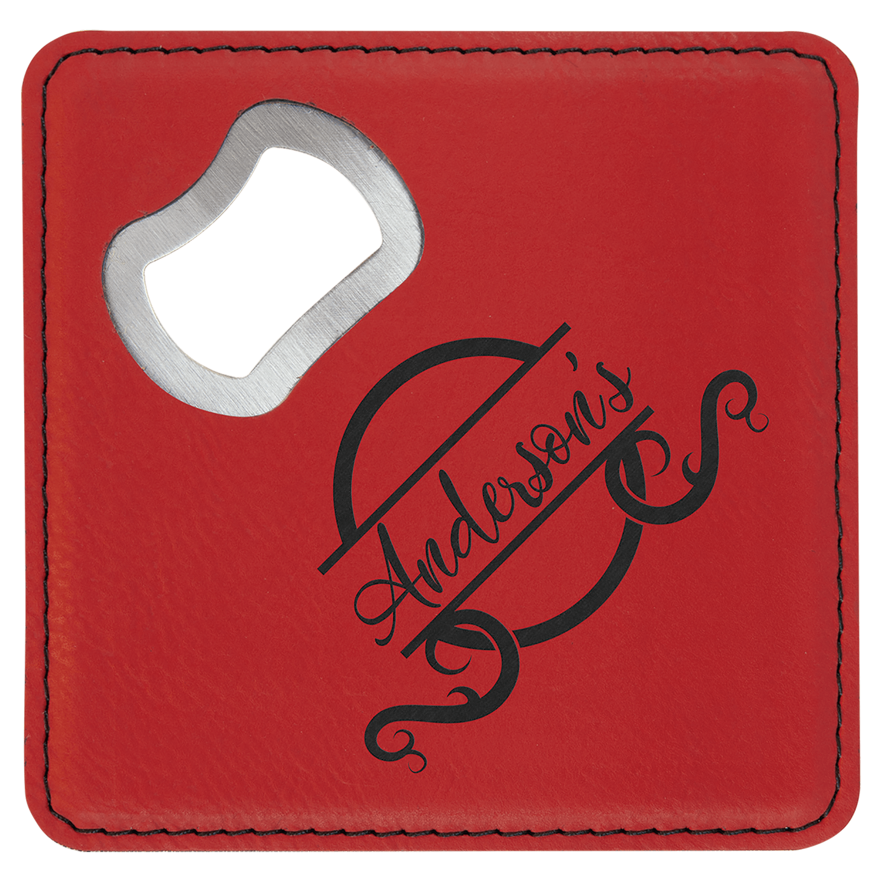 4" x 4" Square Red Leatherette Bottle Opener Coaster