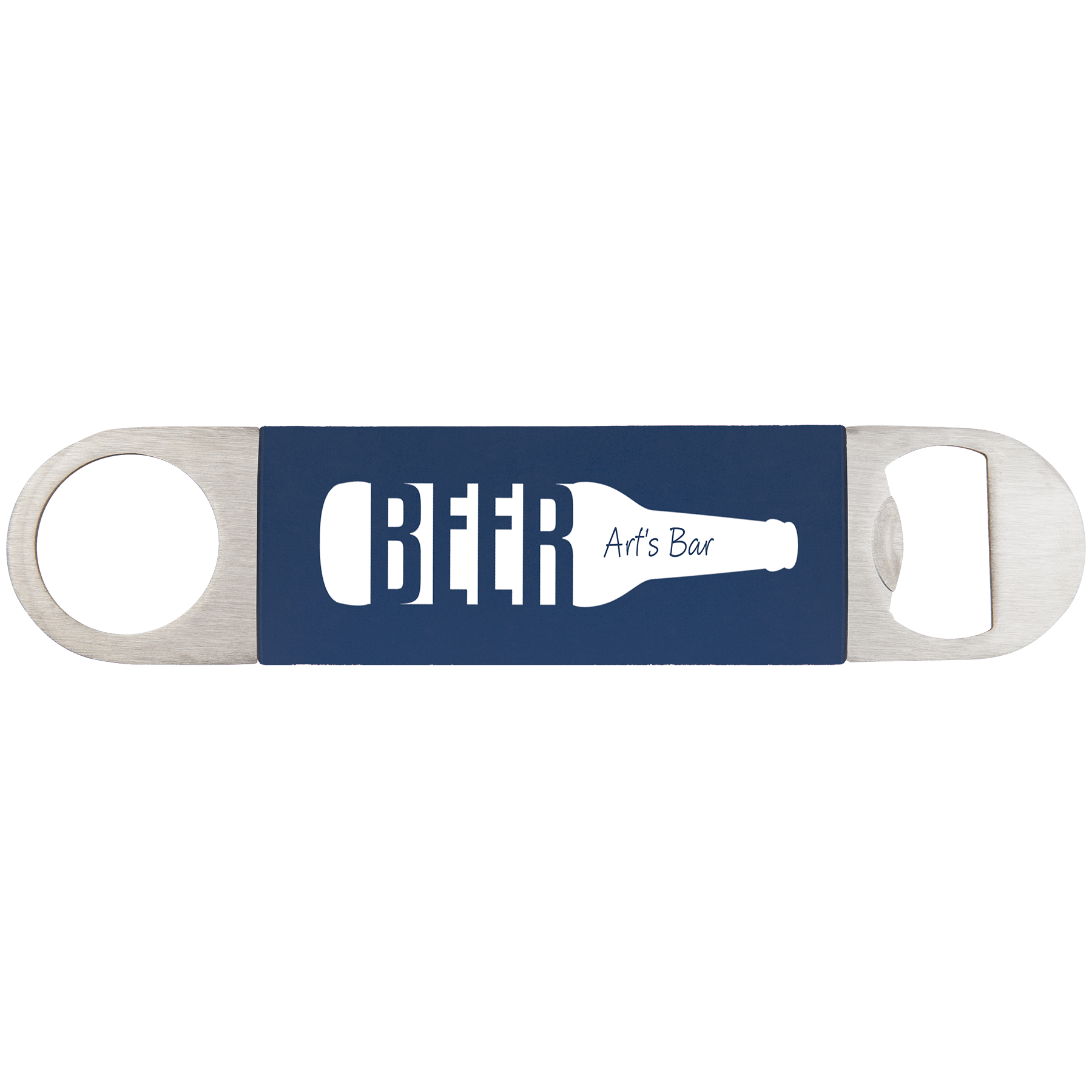1.5" x 7" Navy Blue/White Bottle Opener with Silicone Grip