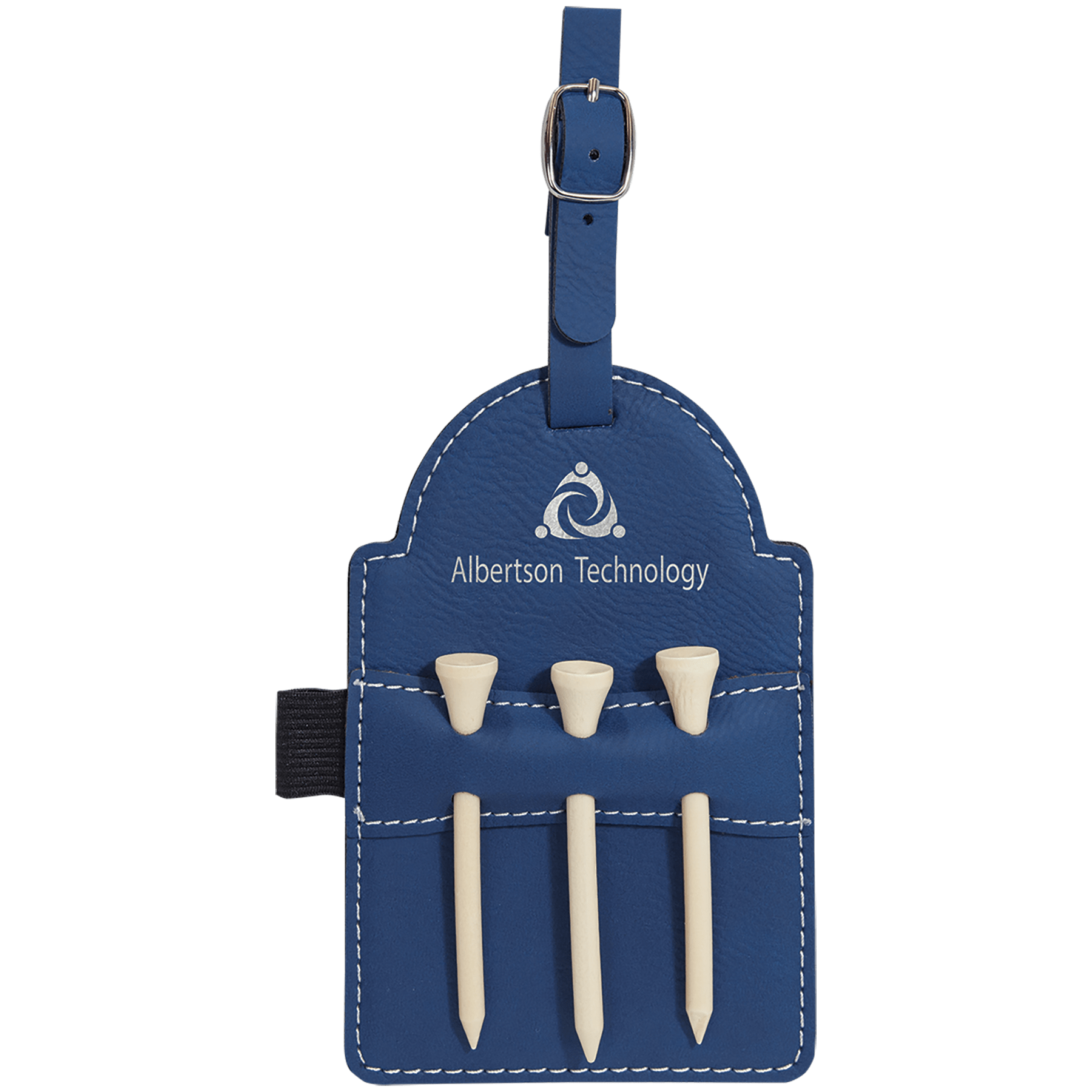 Blue/Silver Leatherette Golf Bag Tag with 3 Wooden Tees