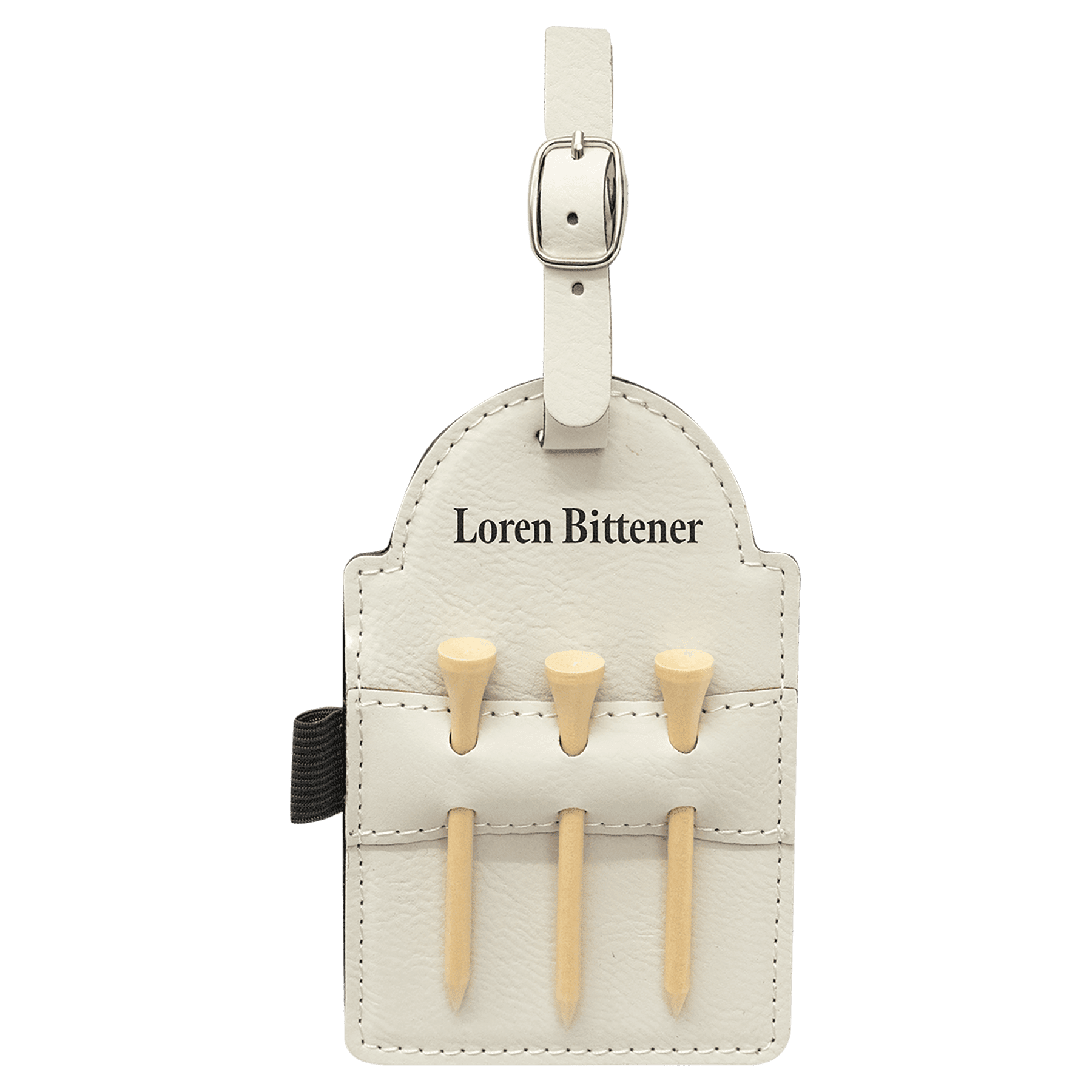 5" x 3.25" White Leatherette Golf Bag Tag with 3 Wooden Tees