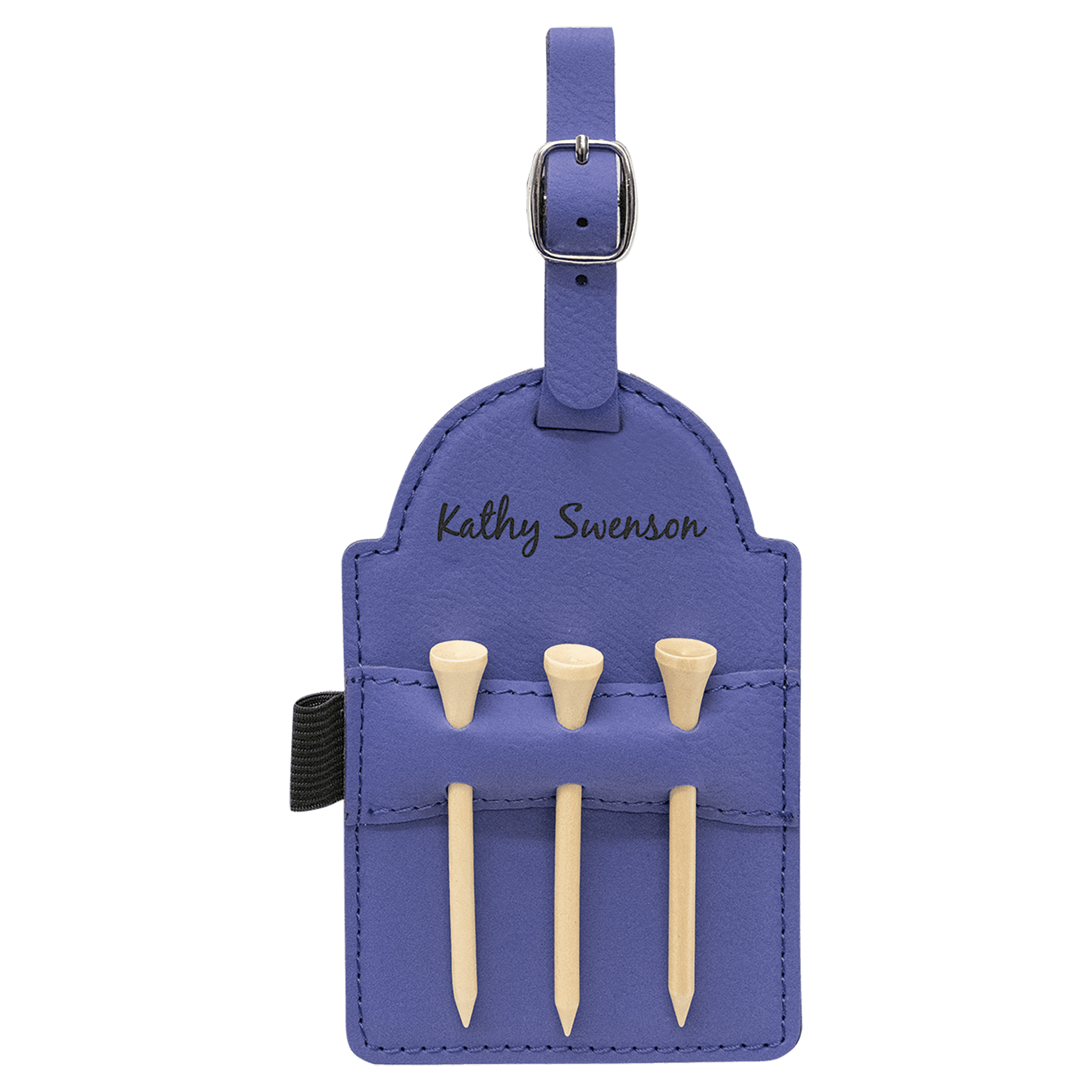 5" x 3.25" Purple Leatherette Golf Bag Tag w/3 Wooden Tees
