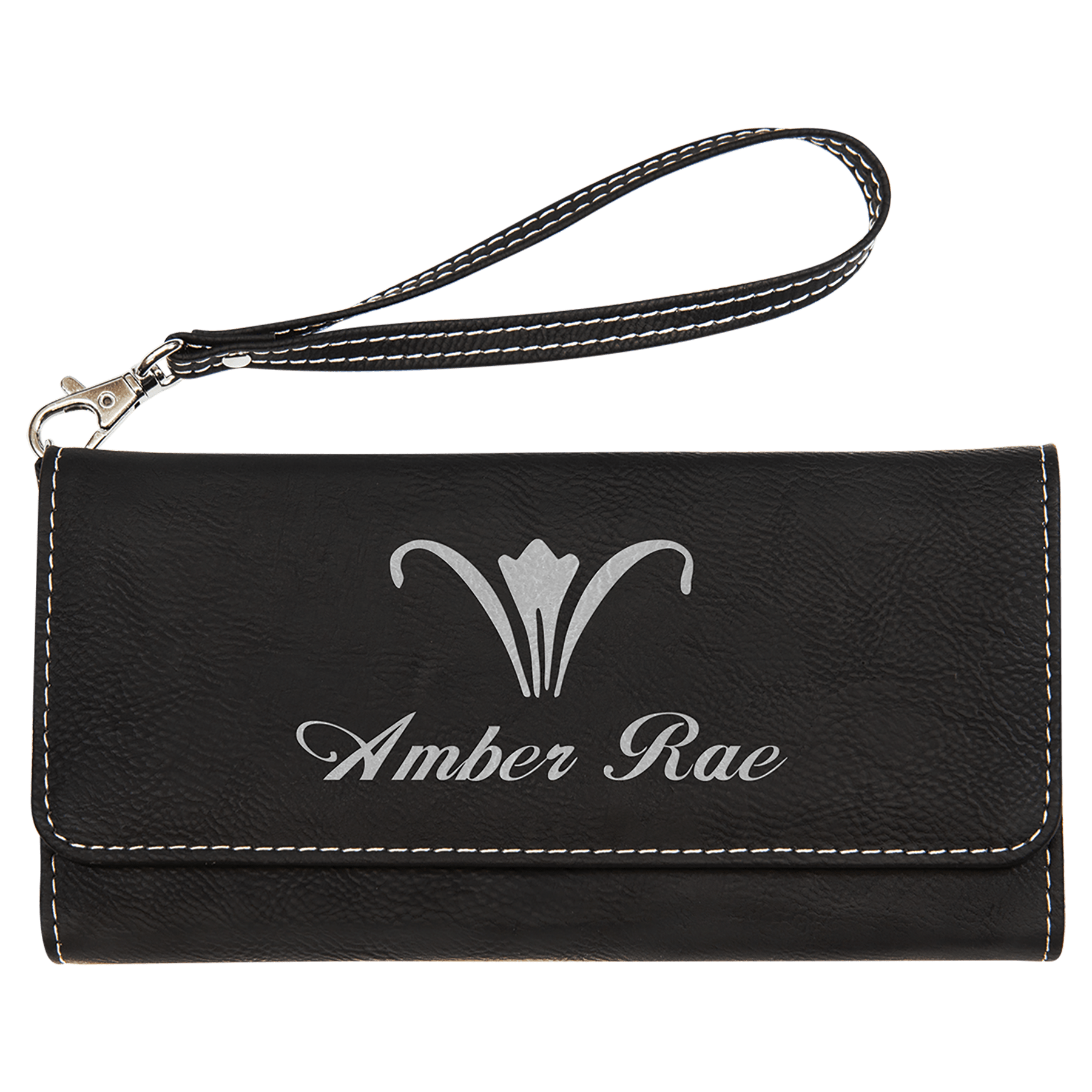 7.5" x 4" Black/Silver Leatherette Wallet with Strap