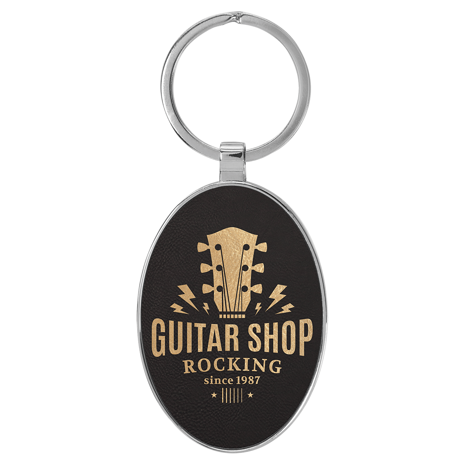 3" x 1.75" Leatherette/Metal Black/Gold Oval Keychain