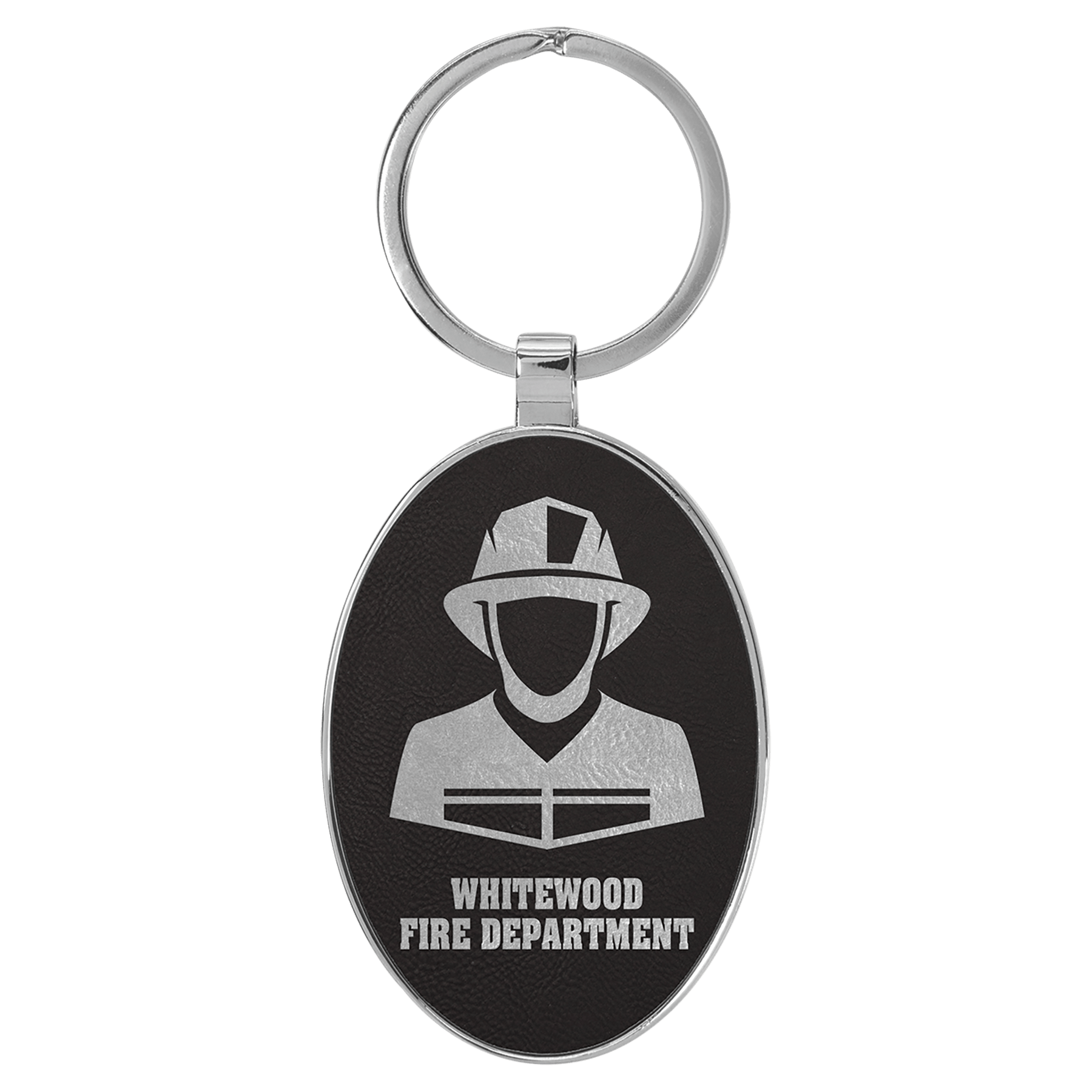 3" x 1.75" Leatherette/Metal Black/Silver Oval Keychain