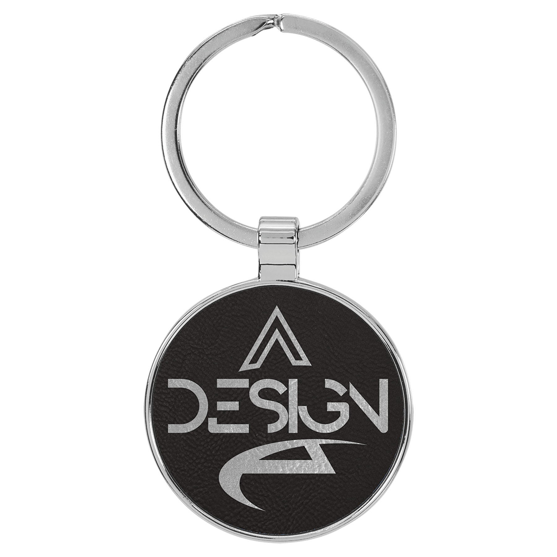1.5" Leatherette/Metal Black/Silver Round Keychain