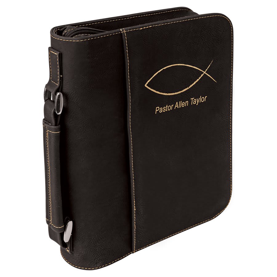 Black/Gold Leatherette Book/Bible Cover w/Handle & Zipper