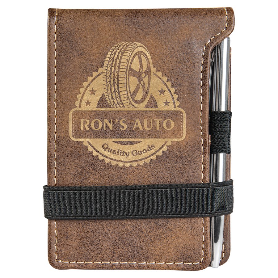 3.25" x 4.75" Rustic/Gold Leatherette Mini Notepad with Pen