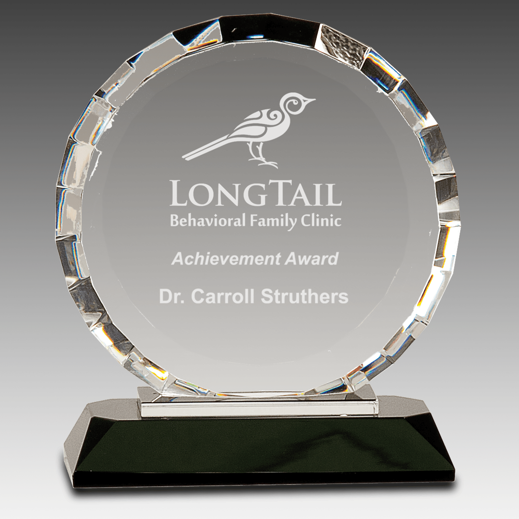 6" Clear Crystal Round w/Rectangle Facets on Black Base