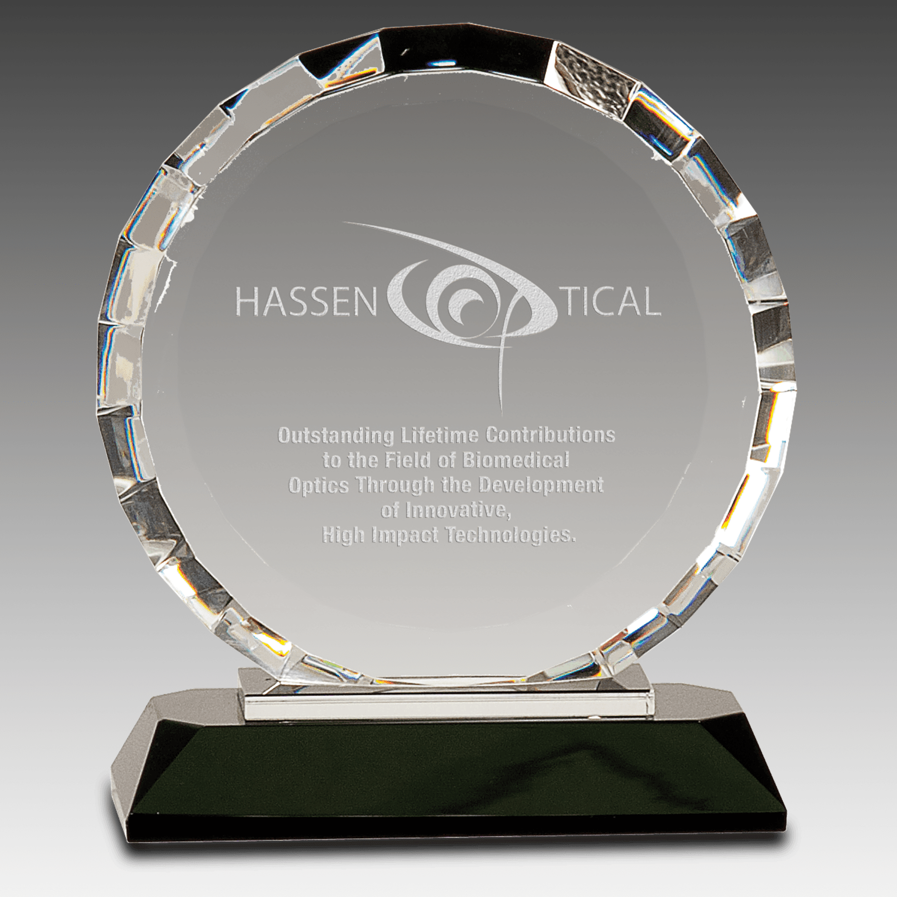 5.5" Clear Crystal Round w/Rectangle Facets on Black Base