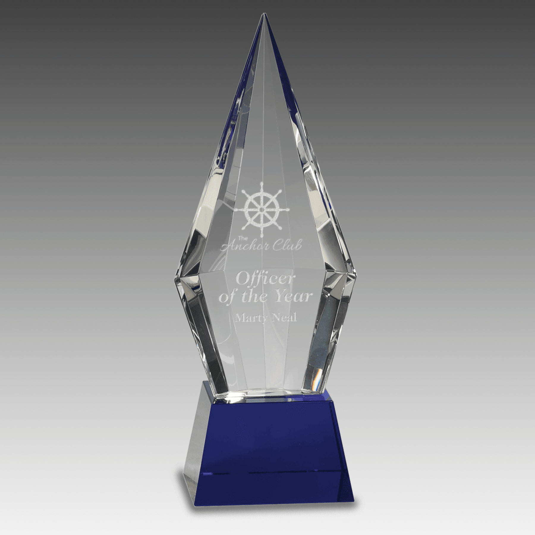 9.5" Obelisk Facet Crystal on Blue Pedestal Base