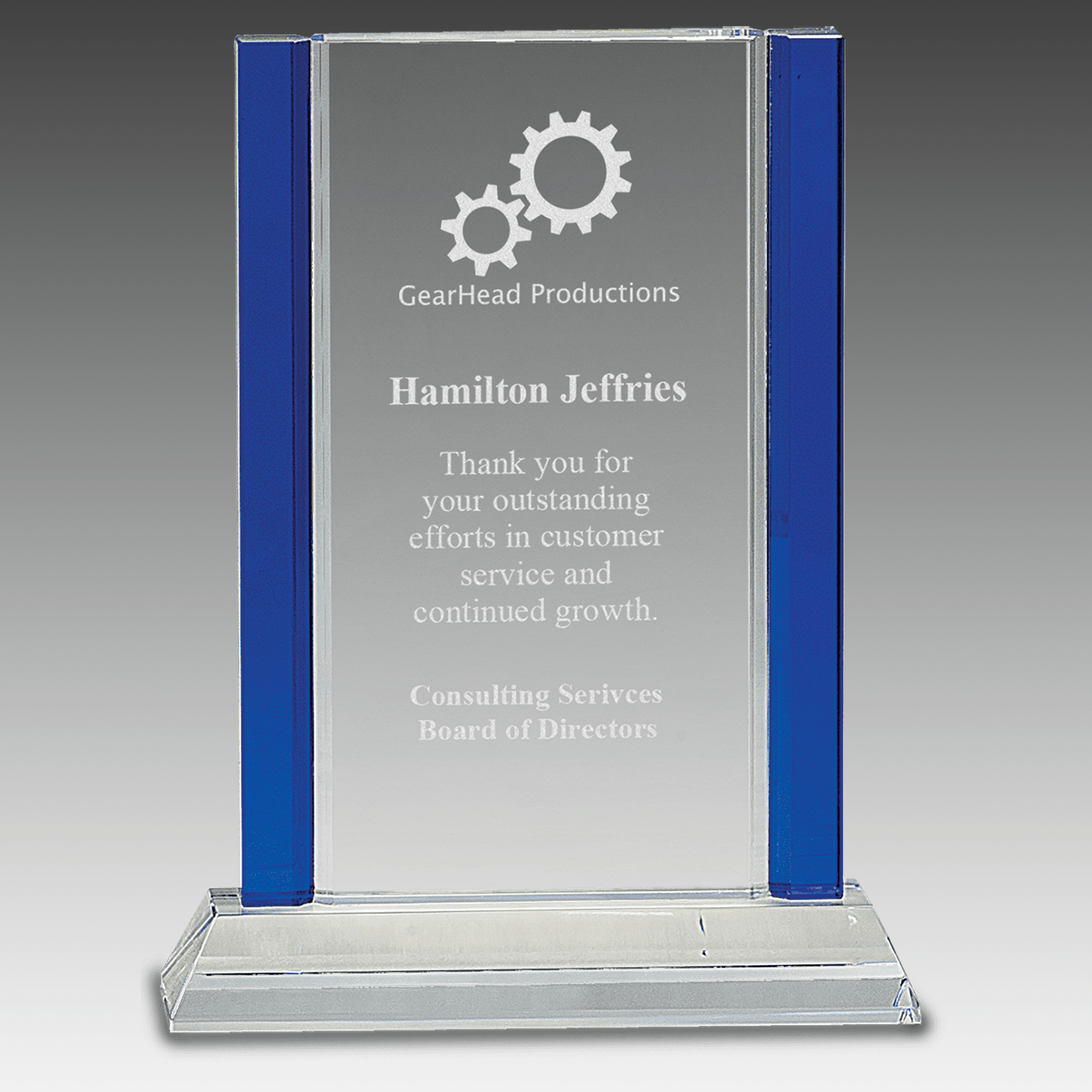 8.5" Blue 2-Edge Crystal on Clear Base