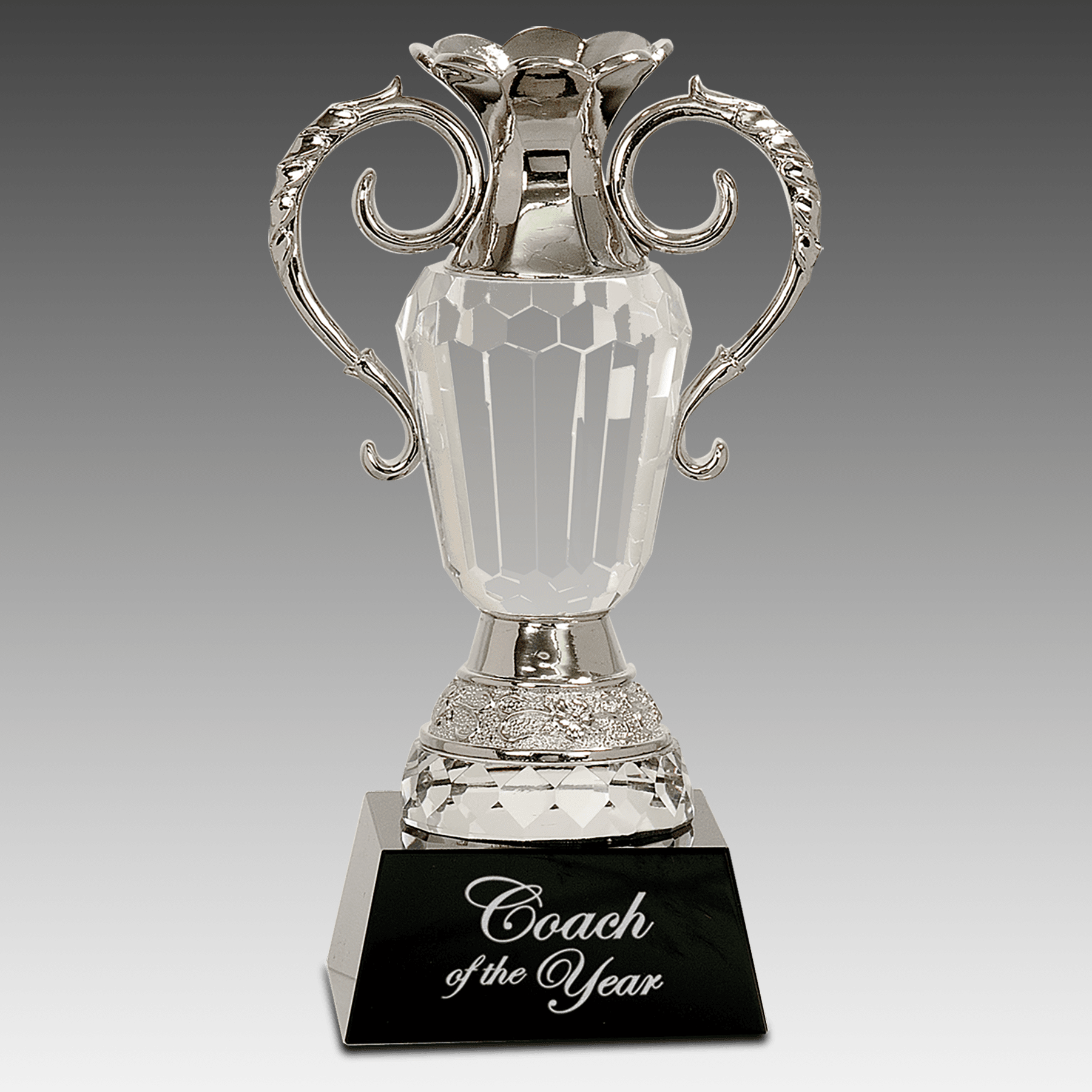 8" Crystal Cup w/Silver Metal Handles on Black Pedestal Base