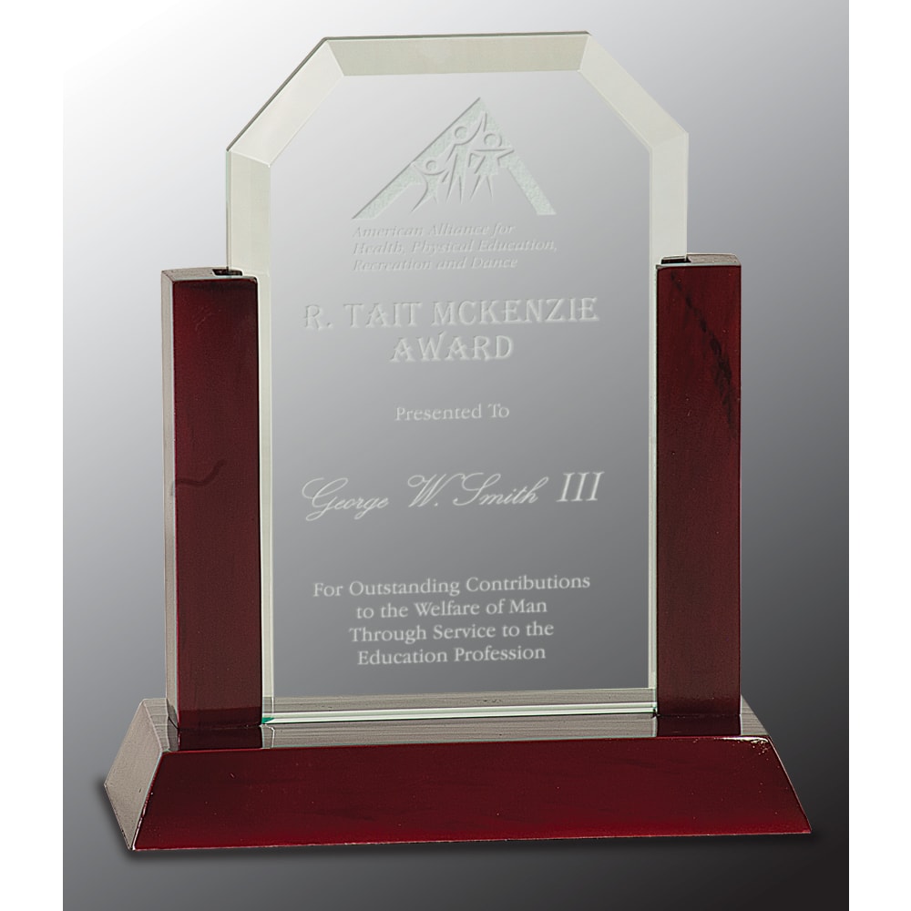 7" Jade Clip Corner Glass Award w/Rosewood Finish Base
