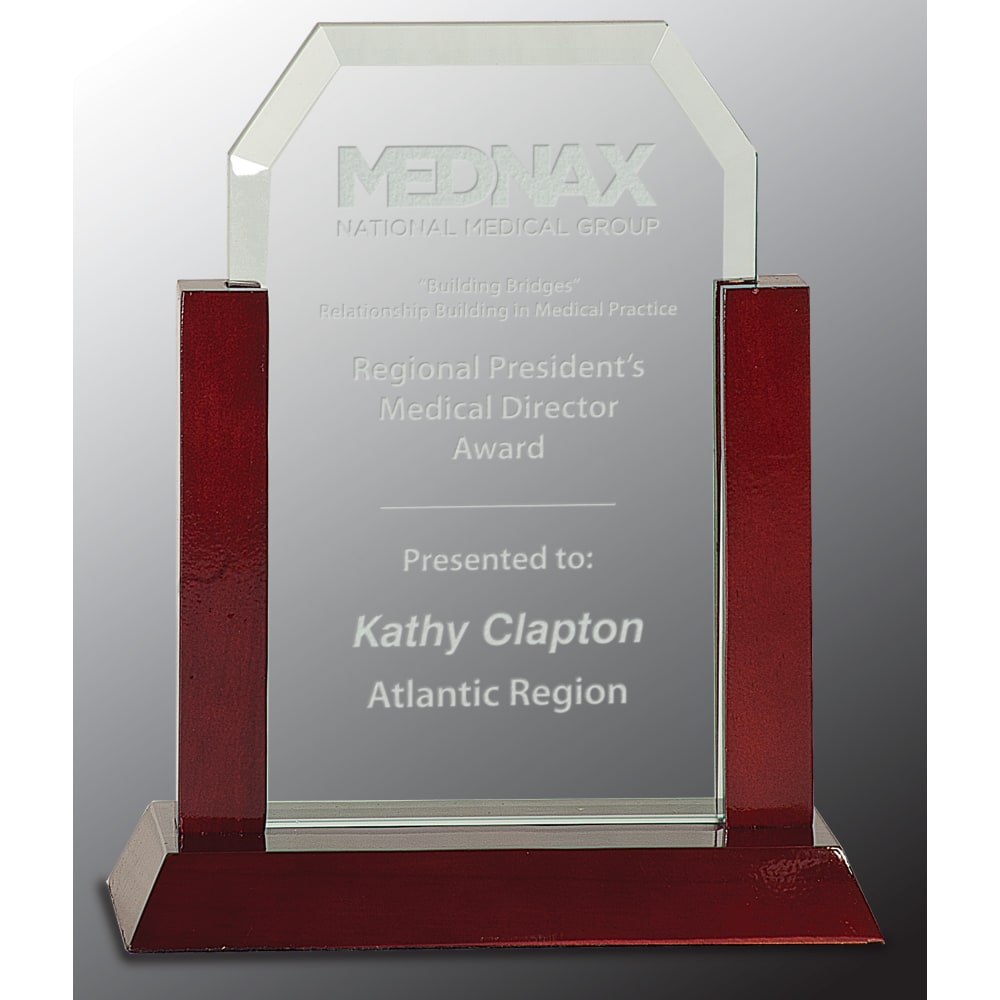 8" Jade Clip Corner Glass Award w/Rosewood Finish Base