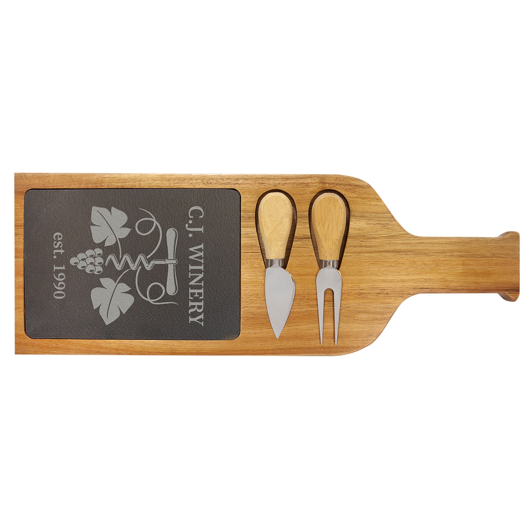 17.5" x 6" Acacia Wood/Slate Serving Board with Two Tools
