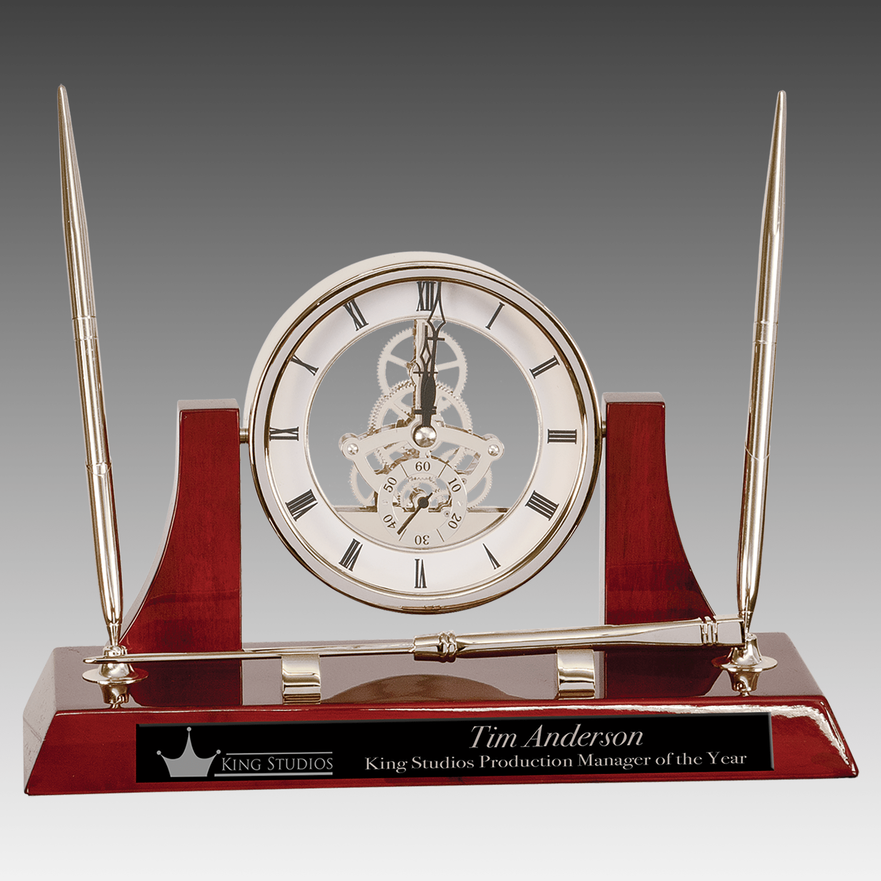 Executive Silver/Rosewood Piano Finish Clock w/2 Pens/Opener