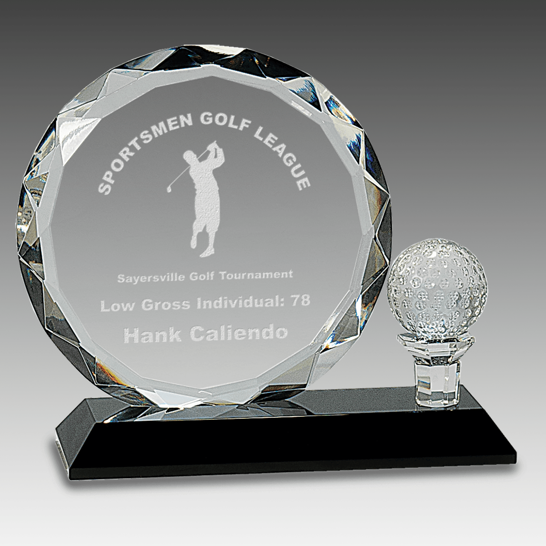 6.5" Round Facet Crystal w/Golf Ball on Black Pedestal Base