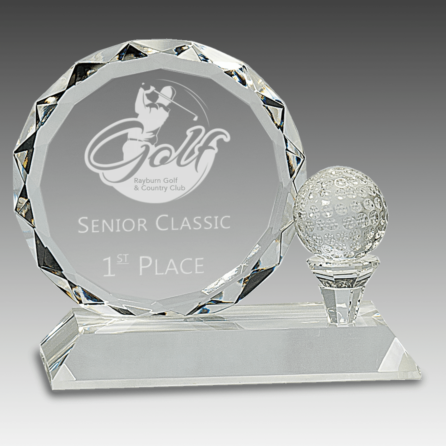 5.25" Round Facet Crystal w/Golf Ball on Clear Pedestal Base